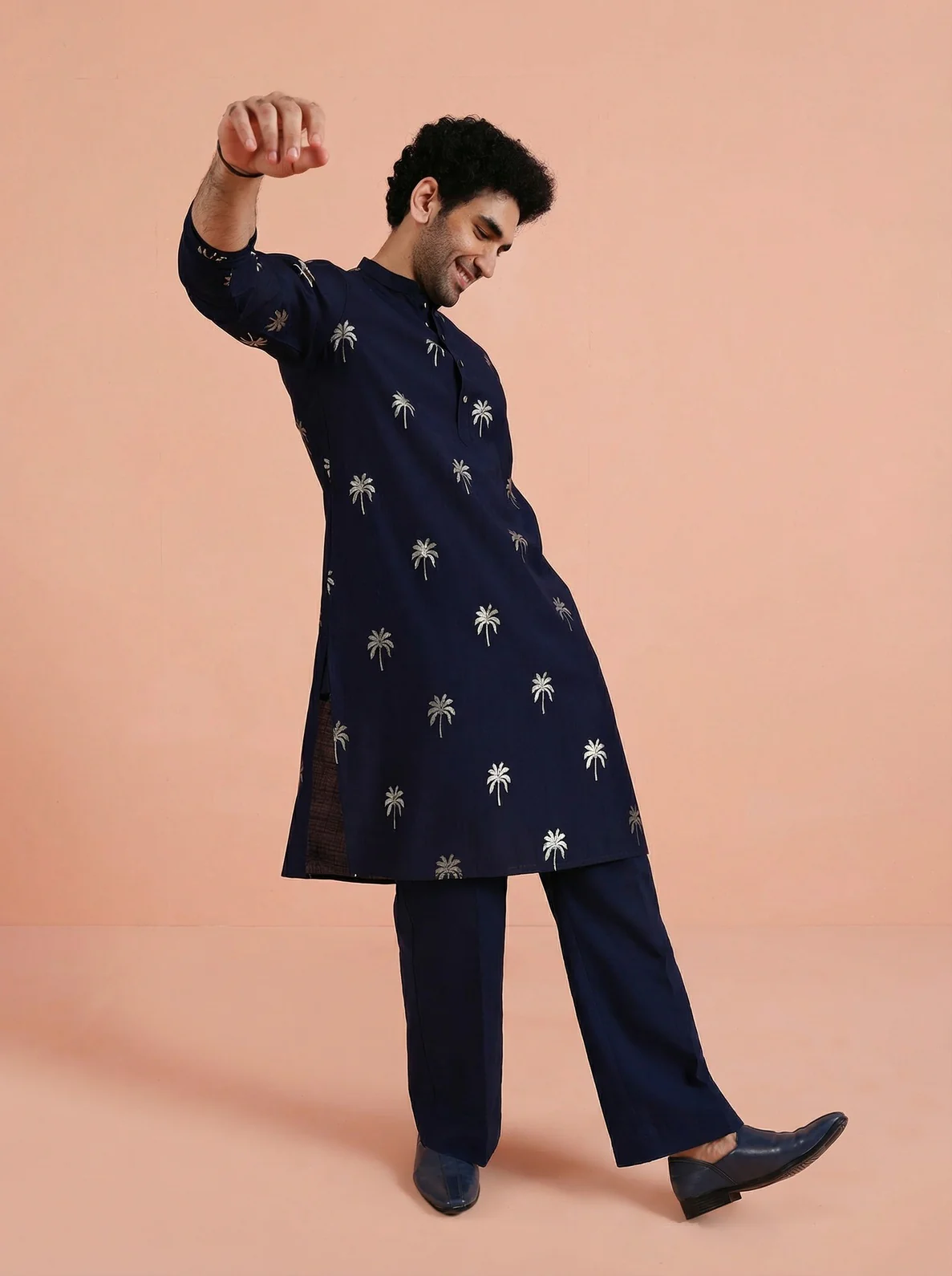 Navy Blue Polyrayon Gold Print Kurta Wide Leg Trouser Set