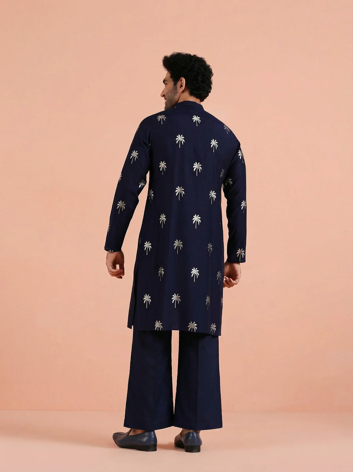Navy Blue Polyrayon Gold Print Kurta Wide Leg Trouser Set - Image 3