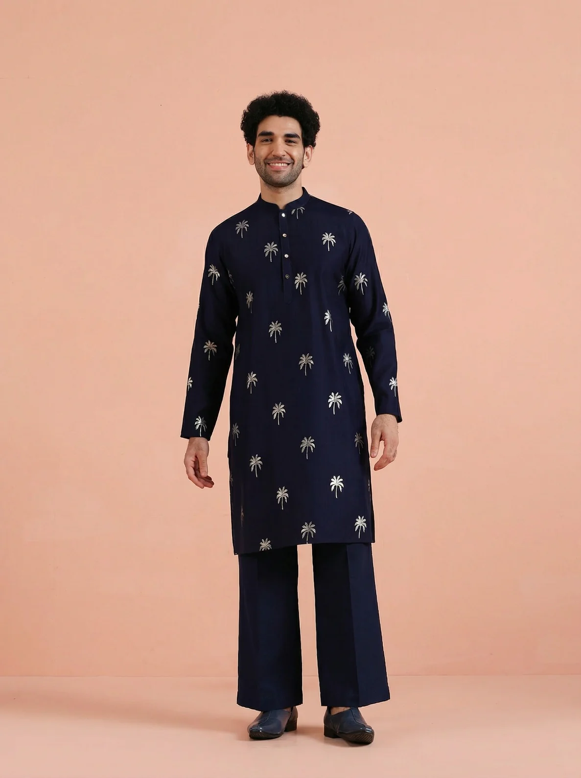 Navy Blue Polyrayon Gold Print Kurta Wide Leg Trouser Set - Image 7
