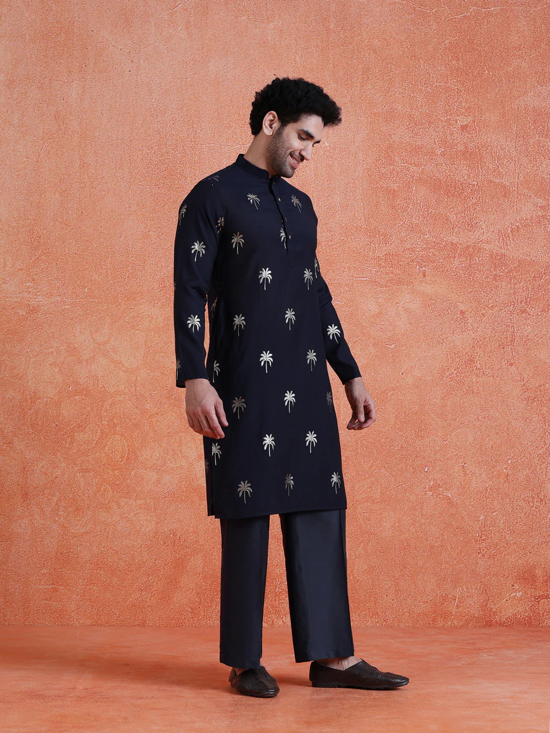 Navy Blue Polyrayon Gold Printed Kurta - Image 2