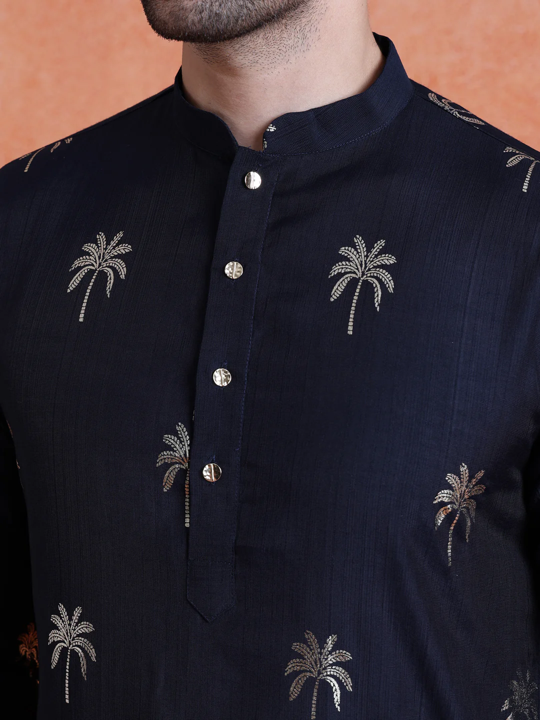 Navy Blue Polyrayon Gold Printed Kurta - Image 5