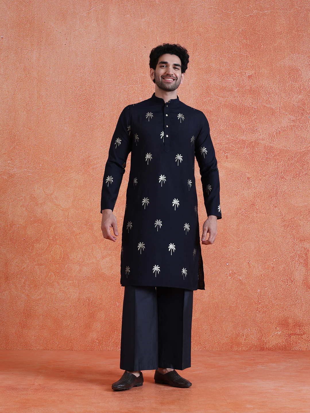 Navy Blue Polyrayon Gold Printed Kurta - Image 7