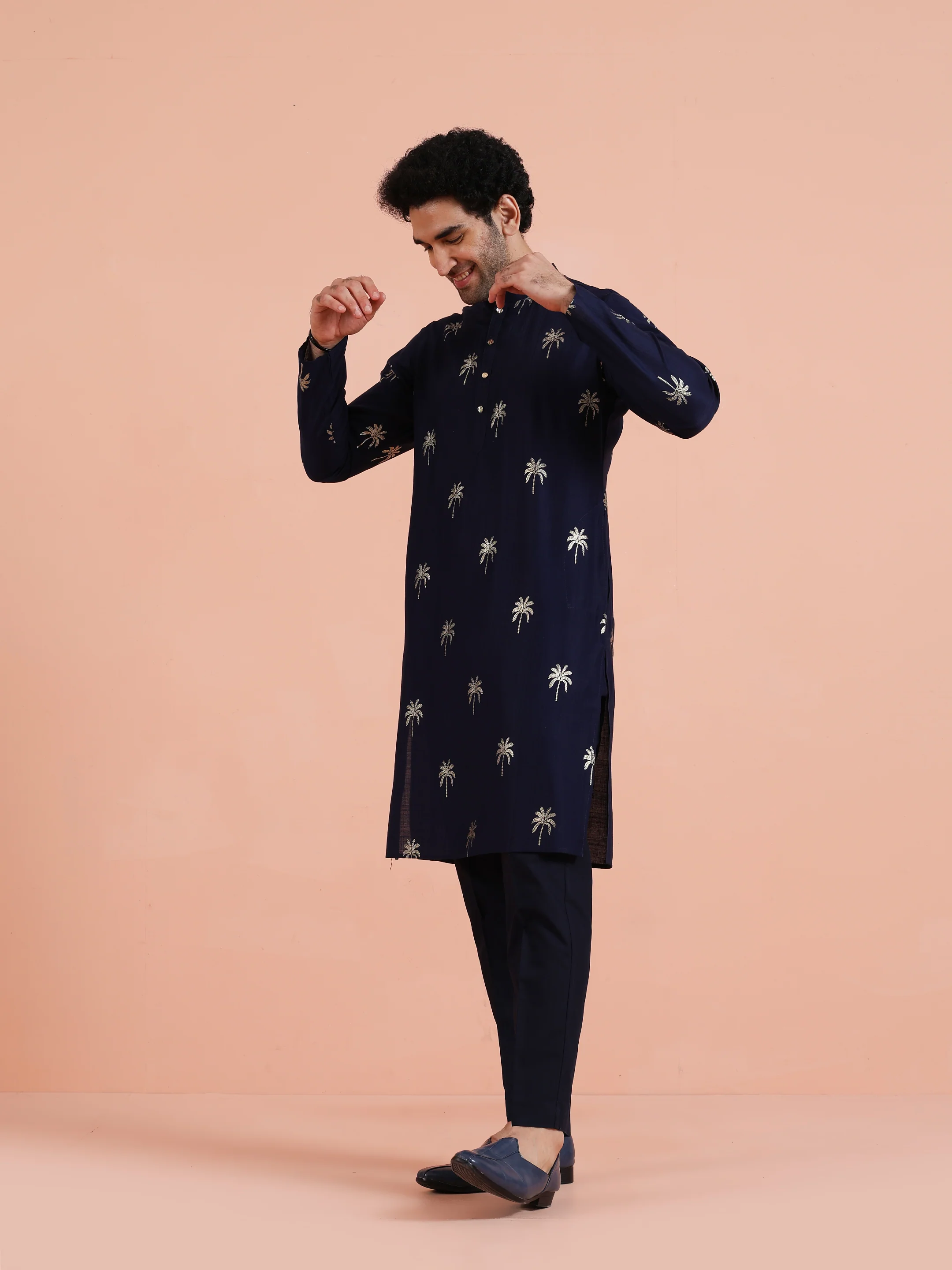 Navy Blue Polyrayon Gold Printed Kurta Trouser Set - Image 2