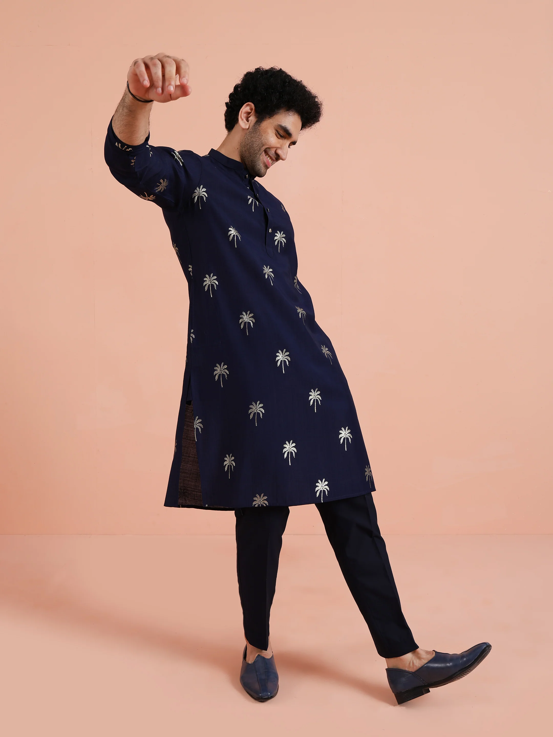 Navy Blue Polyrayon Gold Printed Kurta Trouser Set - Image 7