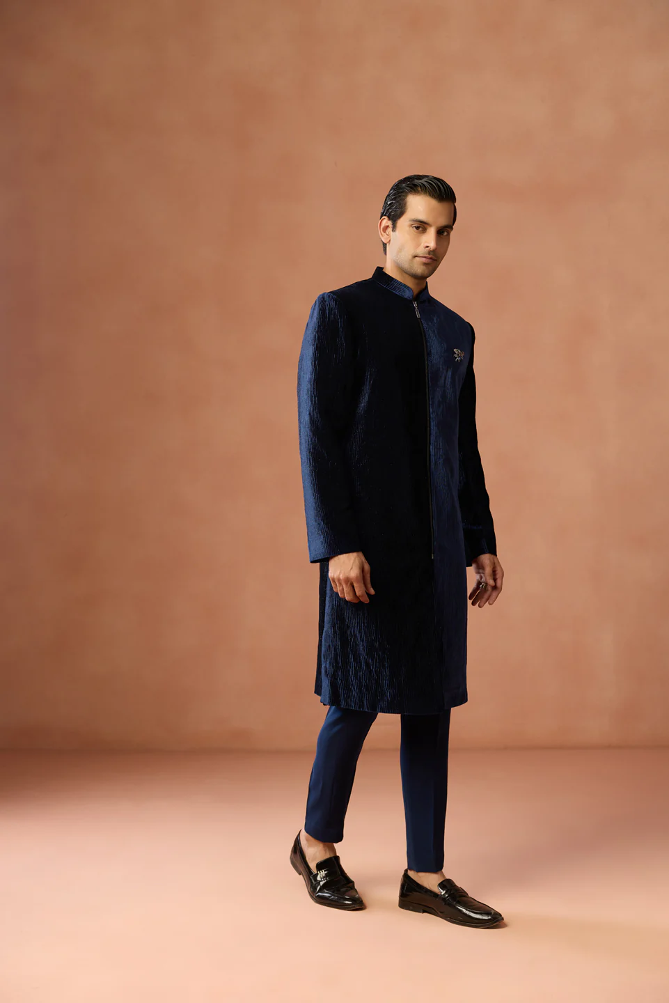 Navy Blue Velvet Zipper Sherwani Trouser Set - Image 3