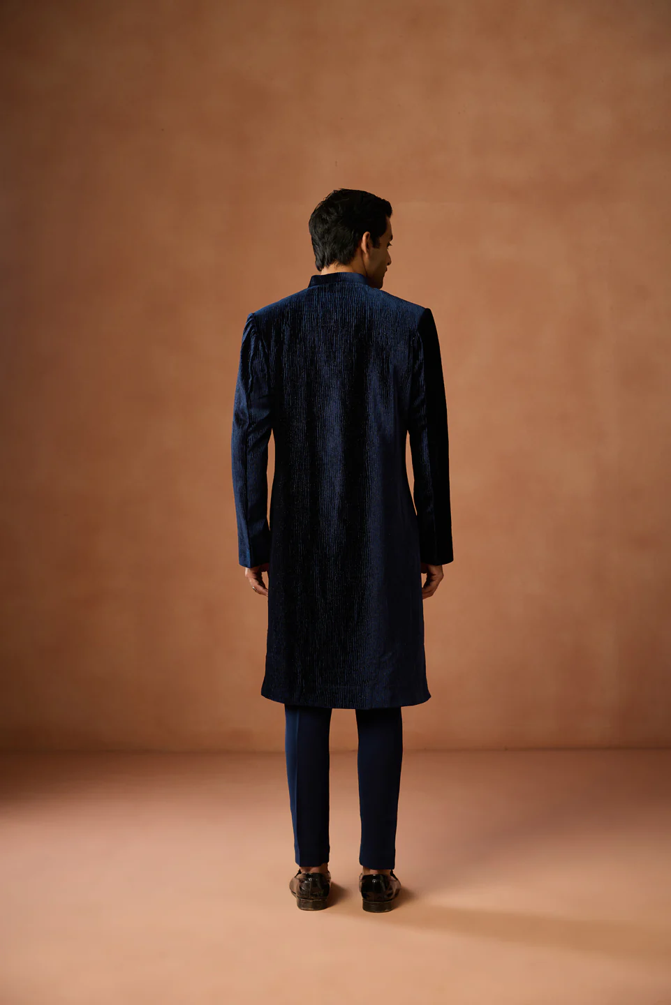 Navy Blue Velvet Zipper Sherwani Trouser Set - Image 4