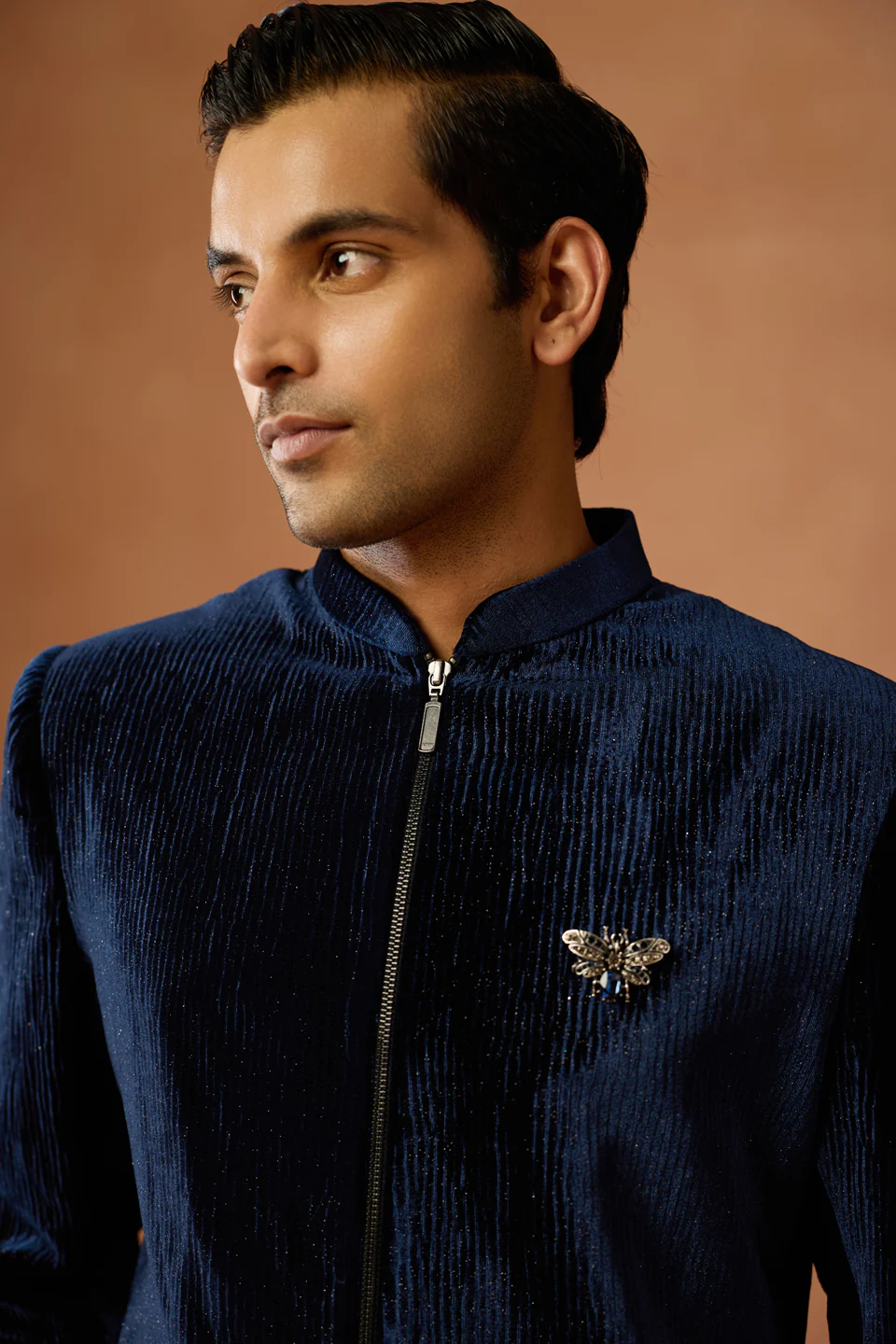 Navy Blue Velvet Zipper Sherwani Trouser Set - Image 5