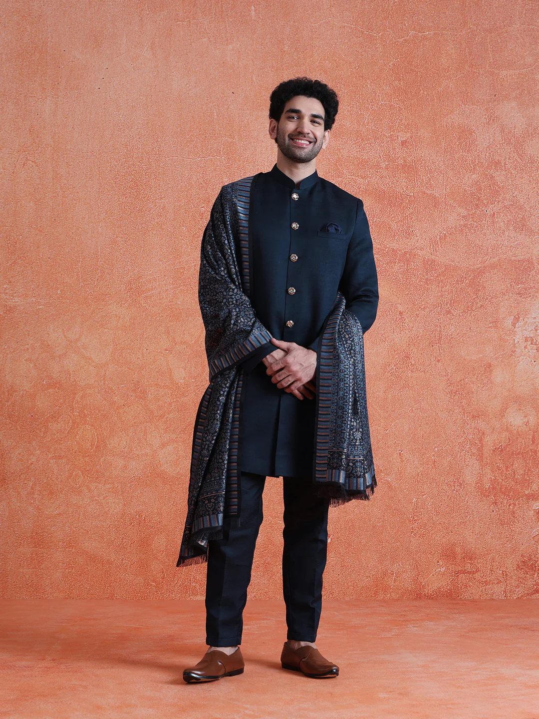 Navy Blue Polyviscose Solid Sherwani Trouser Set With Dupatta - Image 3