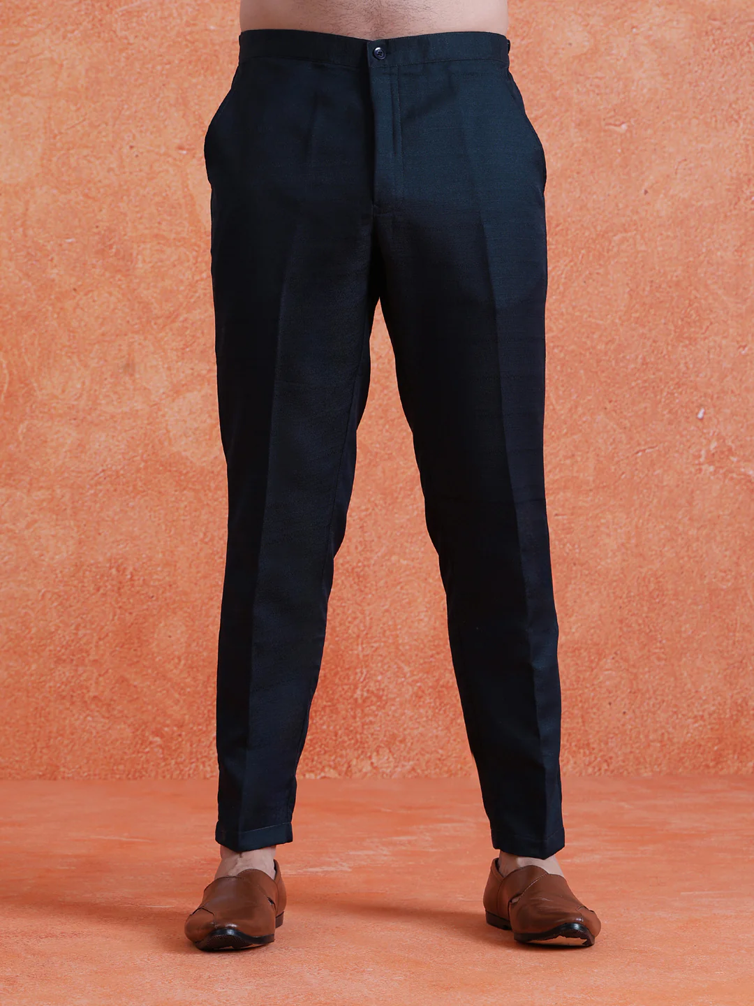 Navy Blue Polyviscose Solid Sherwani Trouser Set With Dupatta - Image 6