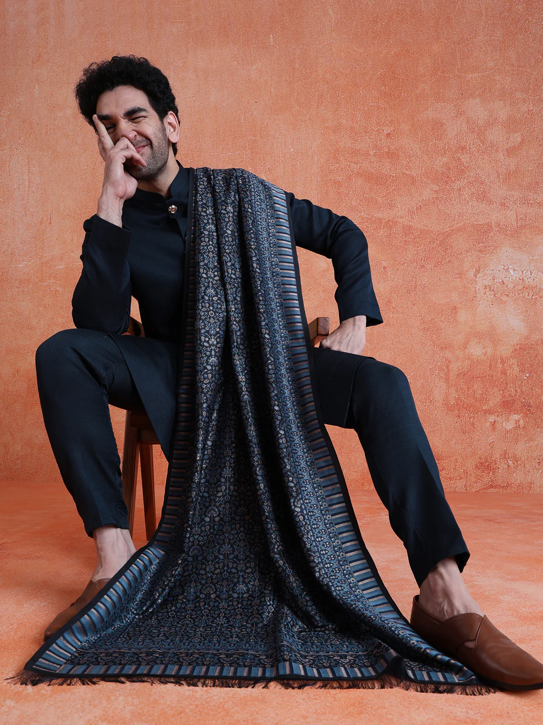 Navy Blue Polyviscose Solid Sherwani Trouser Set With Dupatta - Image 7