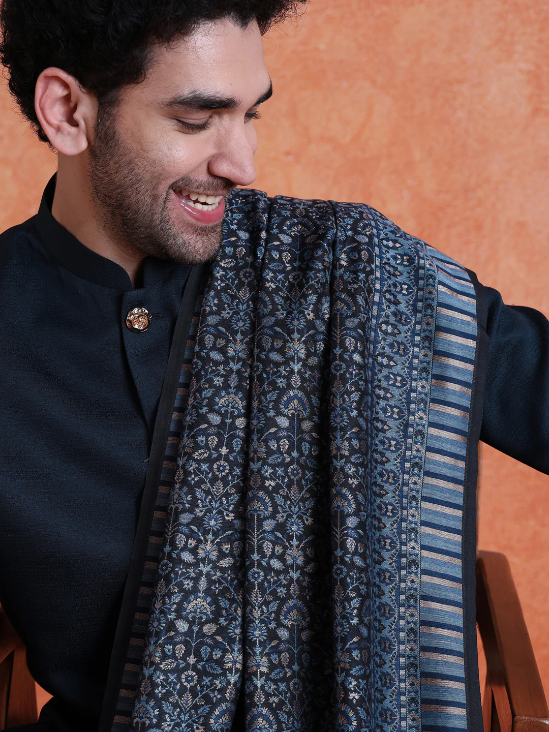 Navy Blue Polyviscose Solid Sherwani Trouser Set With Dupatta - Image 8