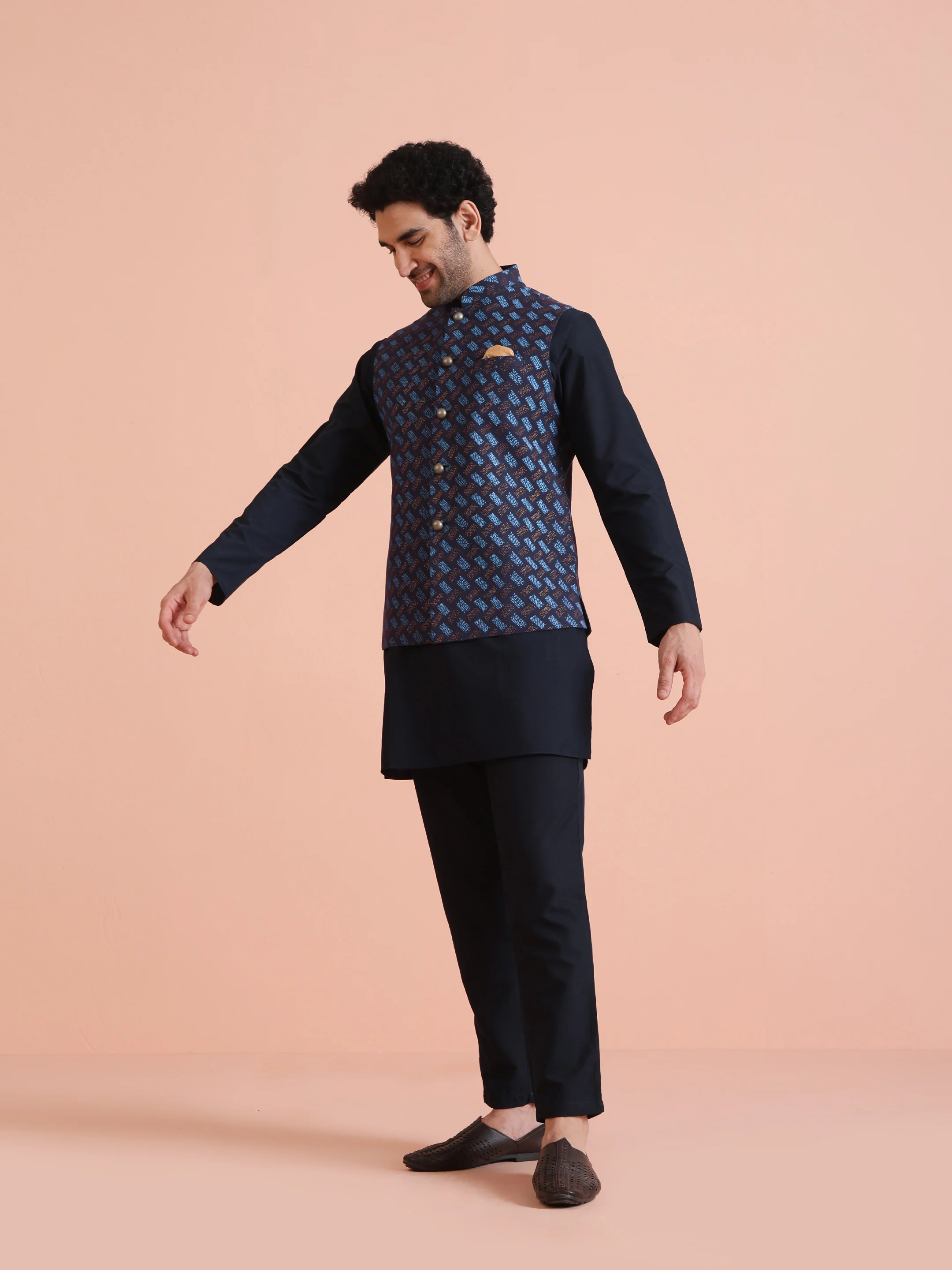 Navy Blue Printed Cotton Blend Kurta Jacket Set - Image 2
