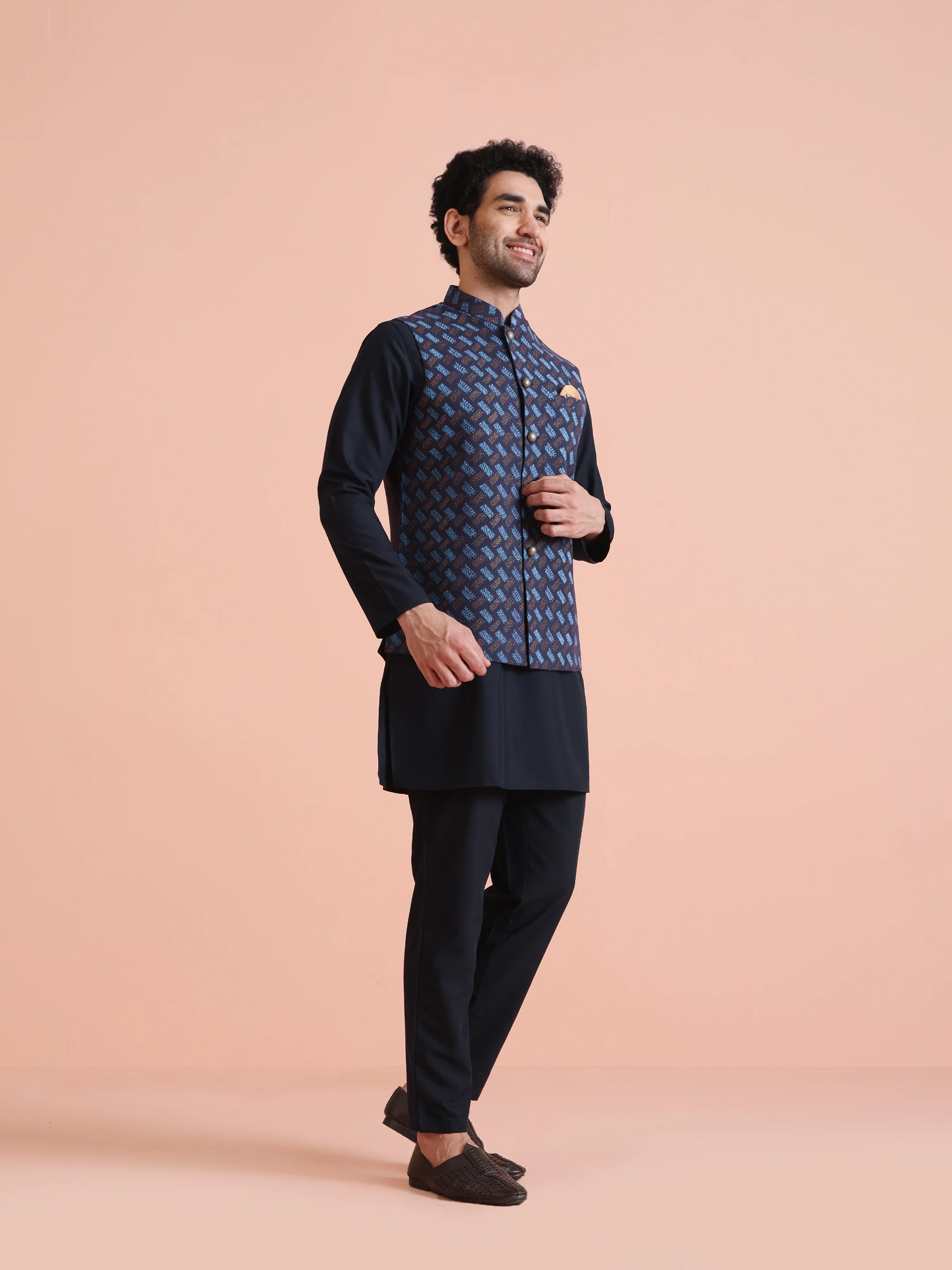 Navy Blue Printed Cotton Blend Kurta Jacket Set - Image 3