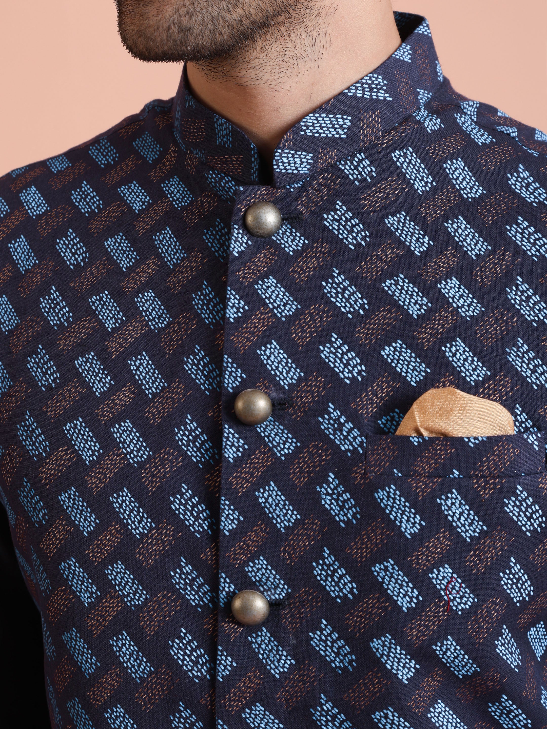 Navy Blue Printed Cotton Blend Kurta Jacket Set - Image 5