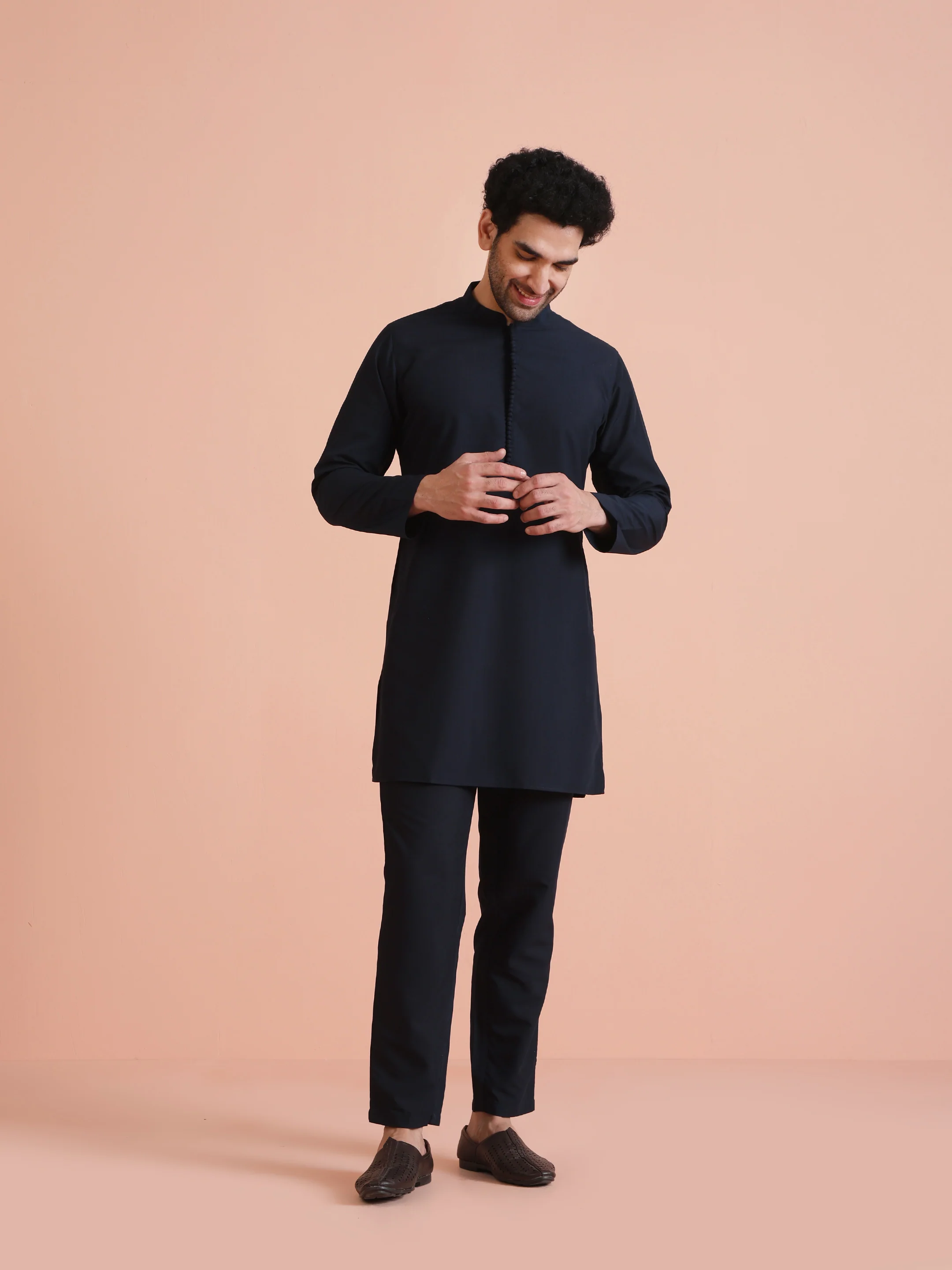 Navy Blue Printed Cotton Blend Kurta Jacket Set - Image 7