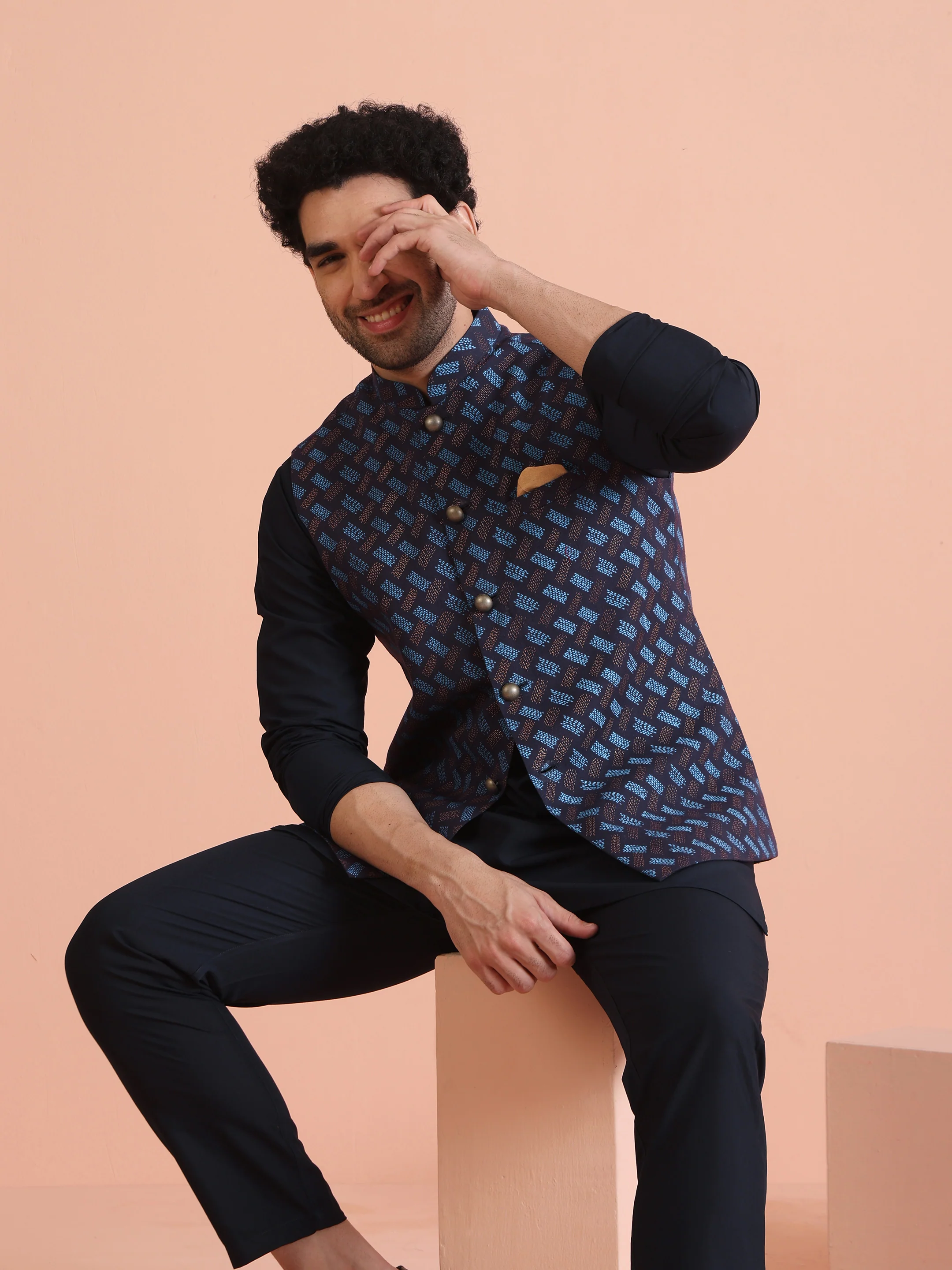 Navy Blue Printed Cotton Blend Kurta Jacket Set - Image 9