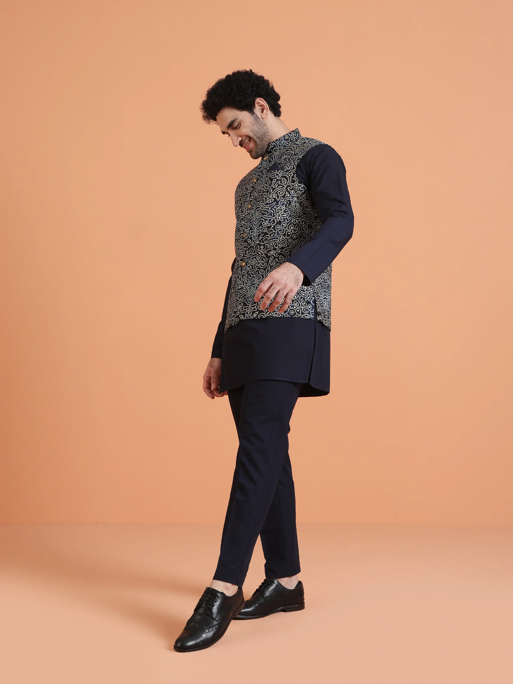 Navy Blue Silk Blend Printed Nehru Jacket - Image 2