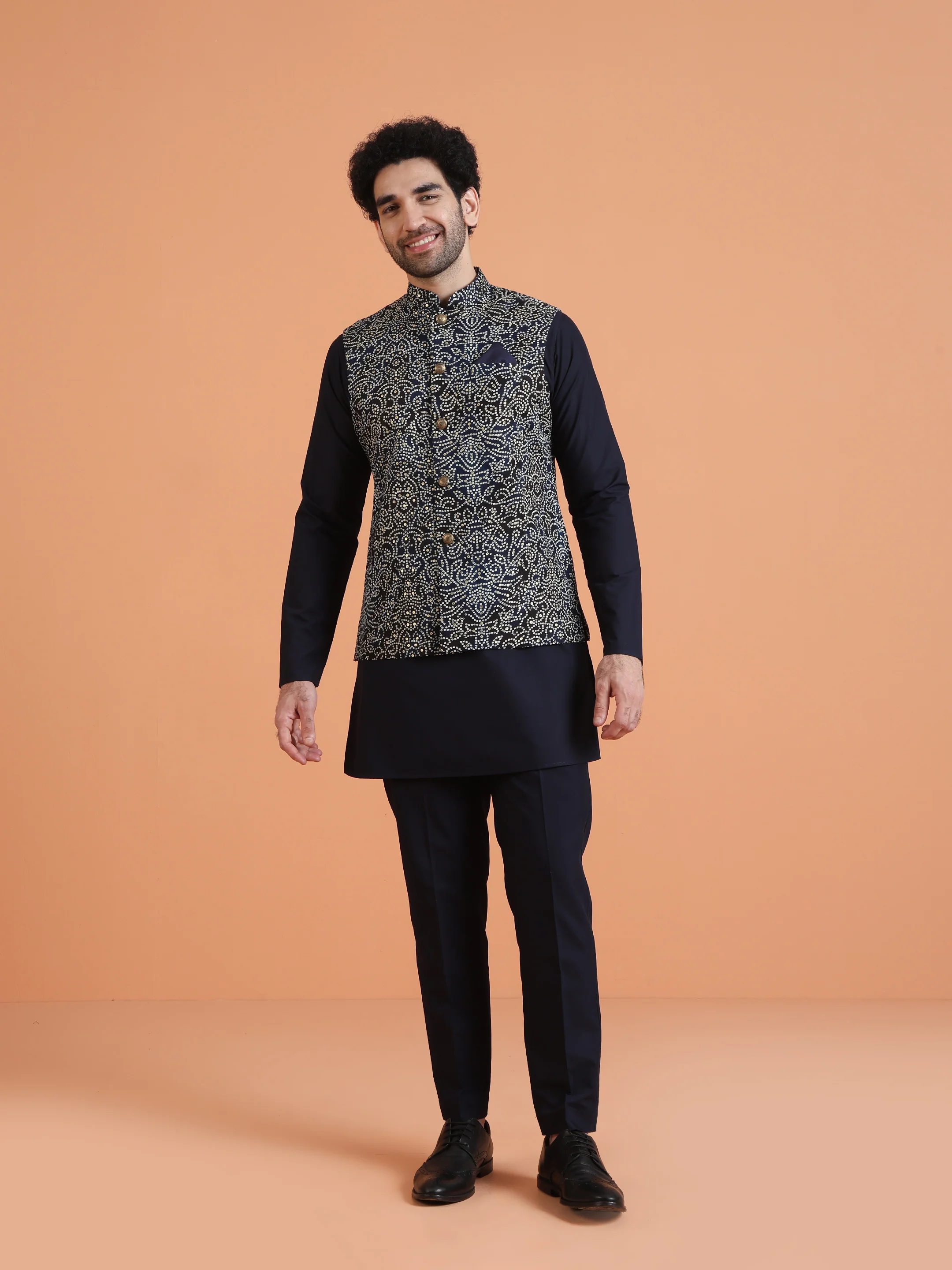 Navy Blue Silk Blend Embroidered Kurta Jacket Set - Image 3
