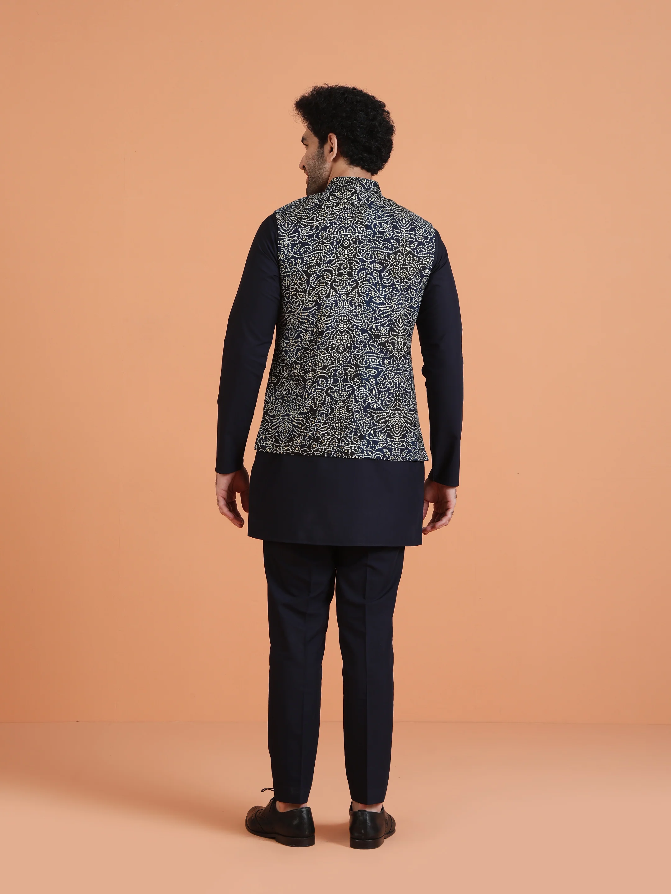 Navy Blue Silk Blend Embroidered Kurta Jacket Set - Image 4