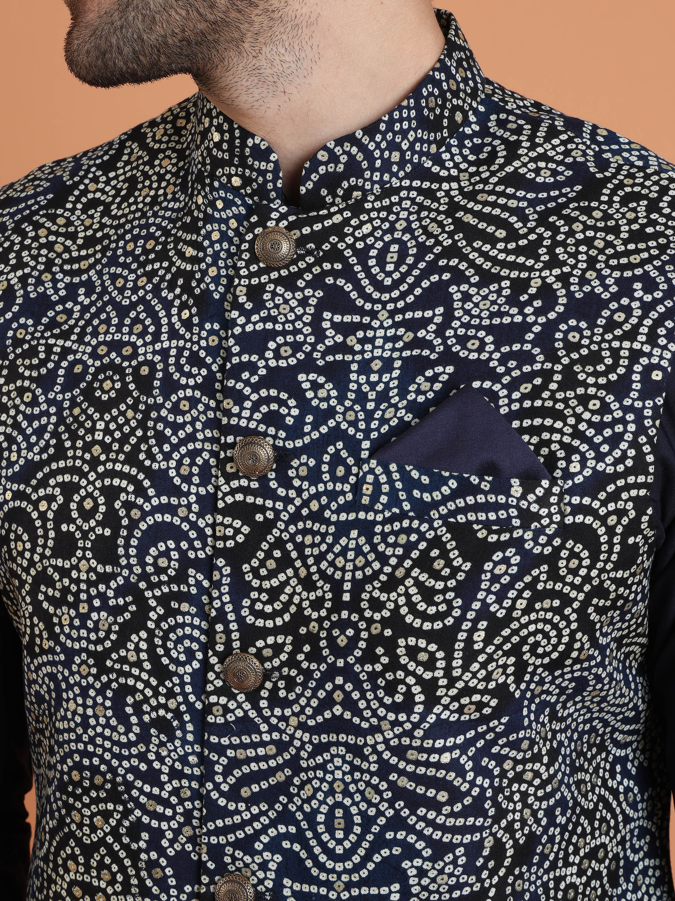 Navy Blue Silk Blend Embroidered Kurta Jacket Set - Image 5