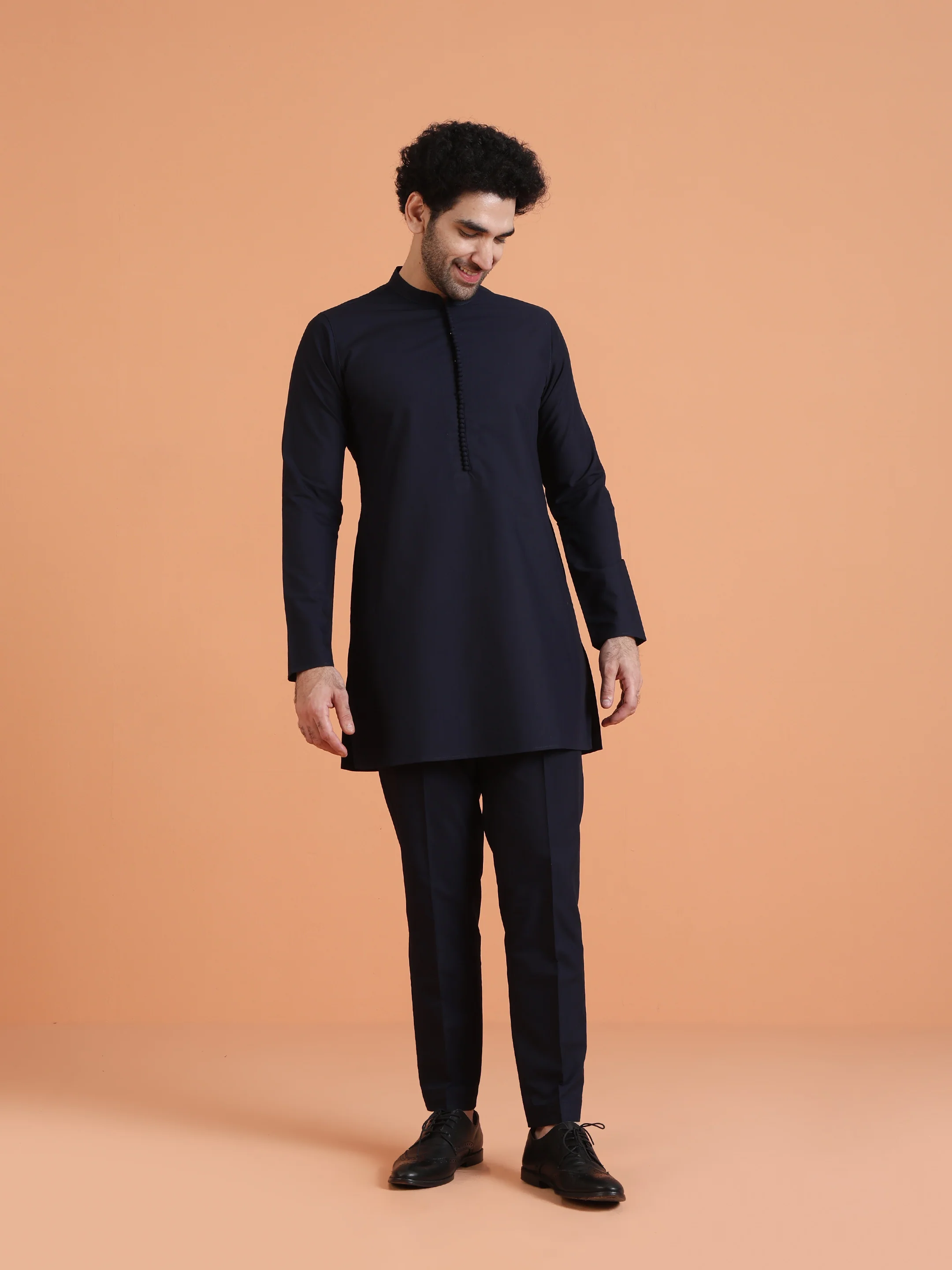Navy Blue Silk Blend Embroidered Kurta Jacket Set - Image 6