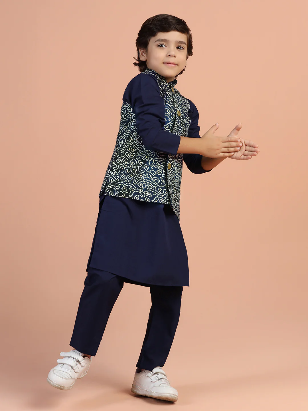 Navy Blue Printed Kids Kurta Jacket Set - Image 3