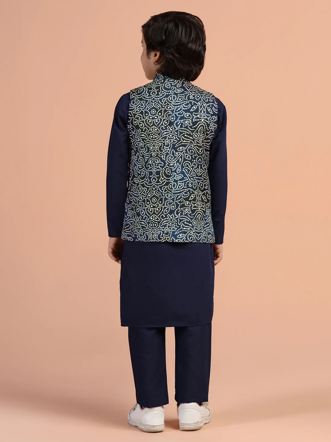 Navy Blue Printed Kids Kurta Jacket Set - Image 4