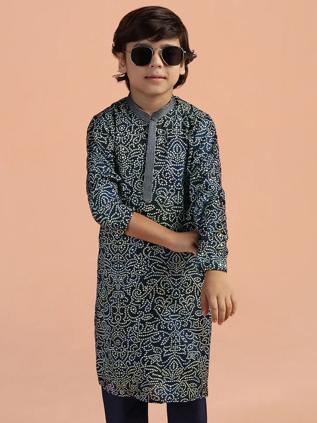Navy Blue Printed Kids Kurta Set - Image 8