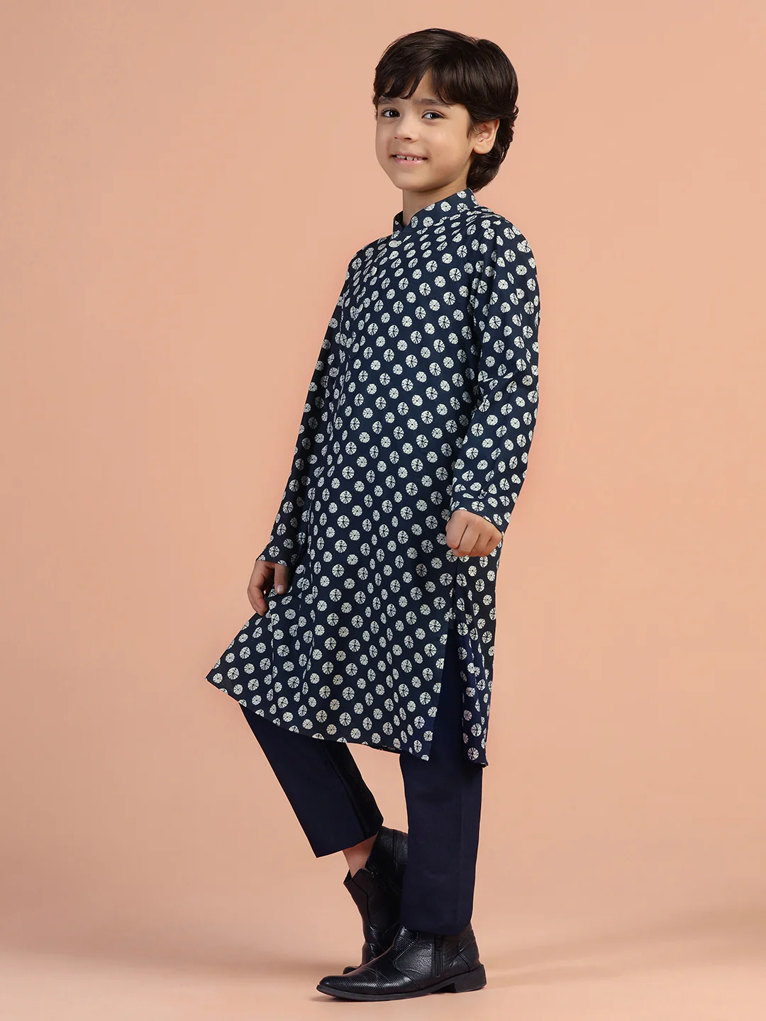 Navy Blue Printed Kids Kurta Set - Image 2