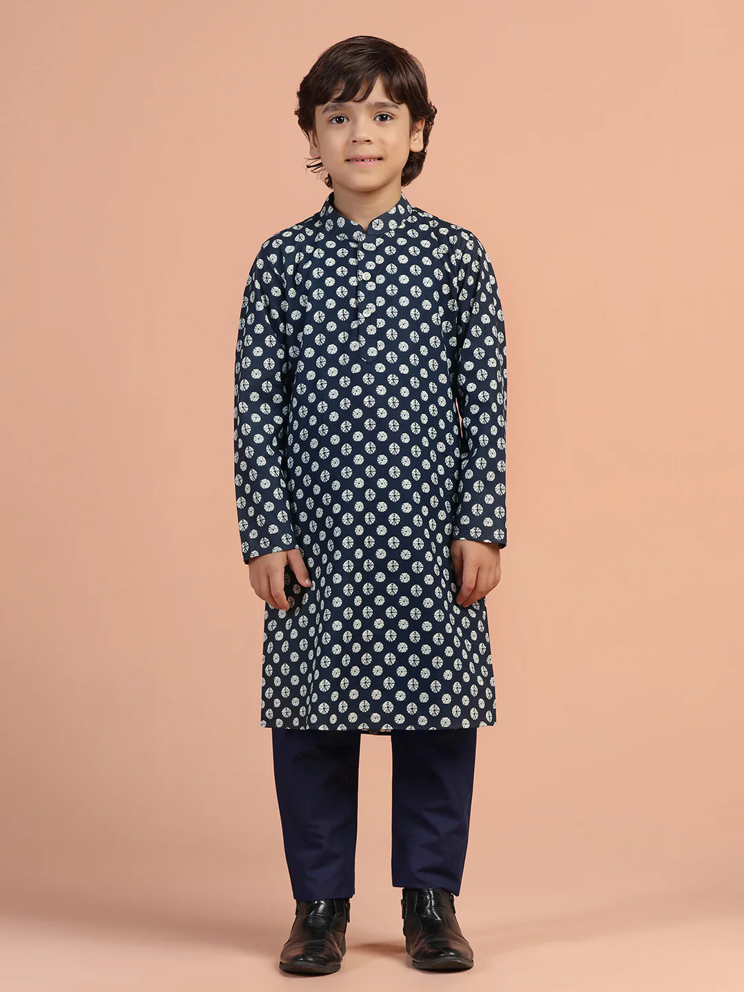 Navy Blue Printed Kids Kurta Set - Image 8