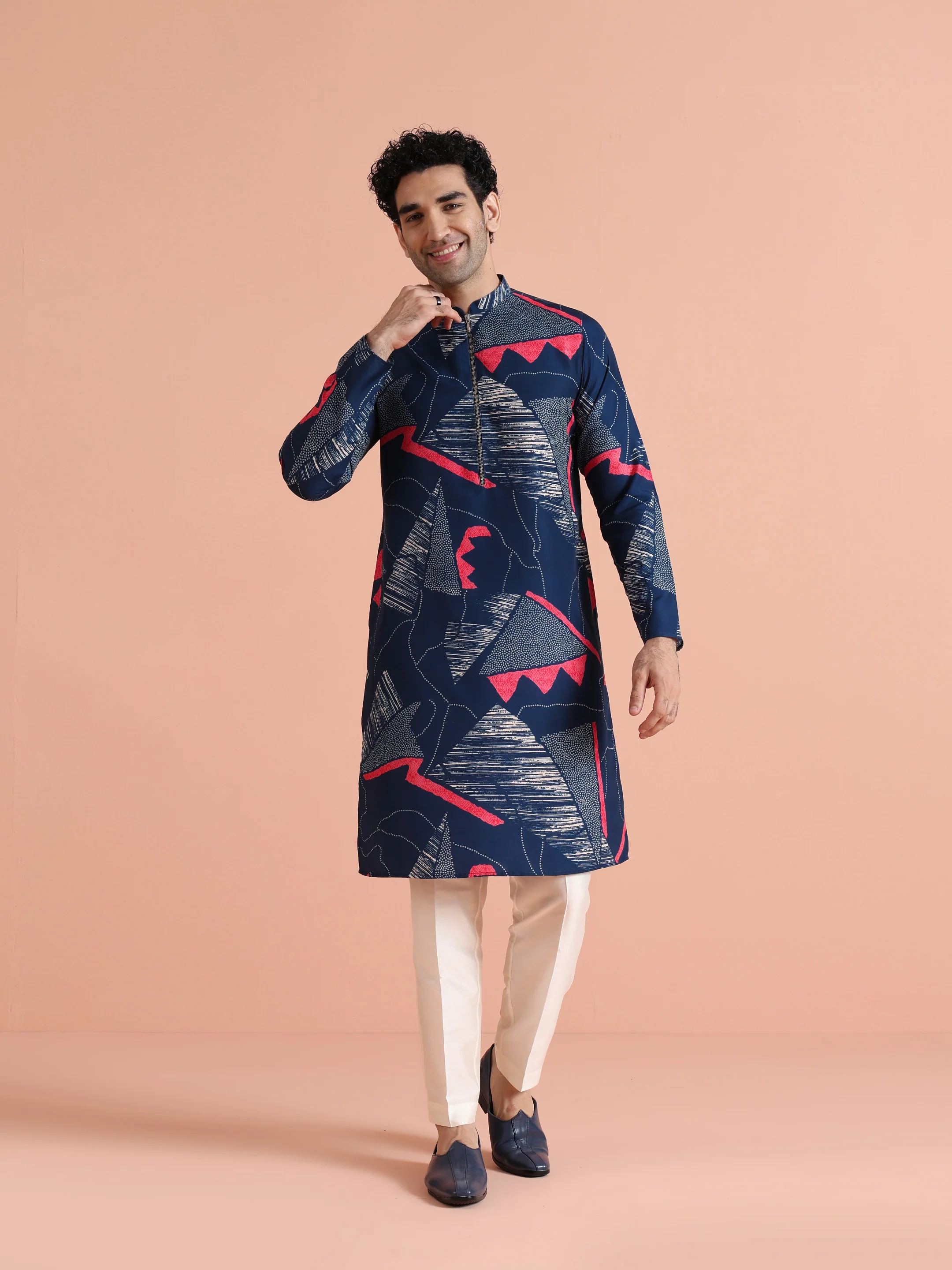 Navy Blue Printed Kurta Trouser Set - Image 2