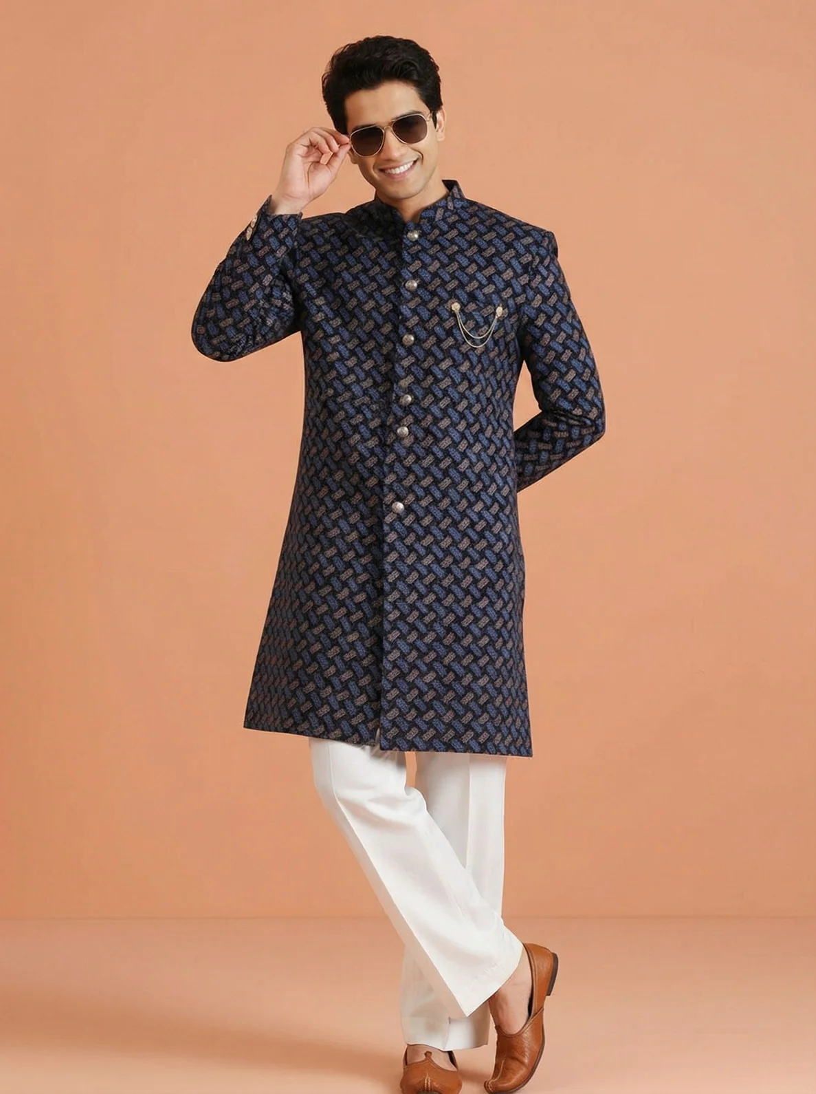 Navy Blue Pure Cotton Printed Sherwani Wide Leg Trouser Set - Image 2