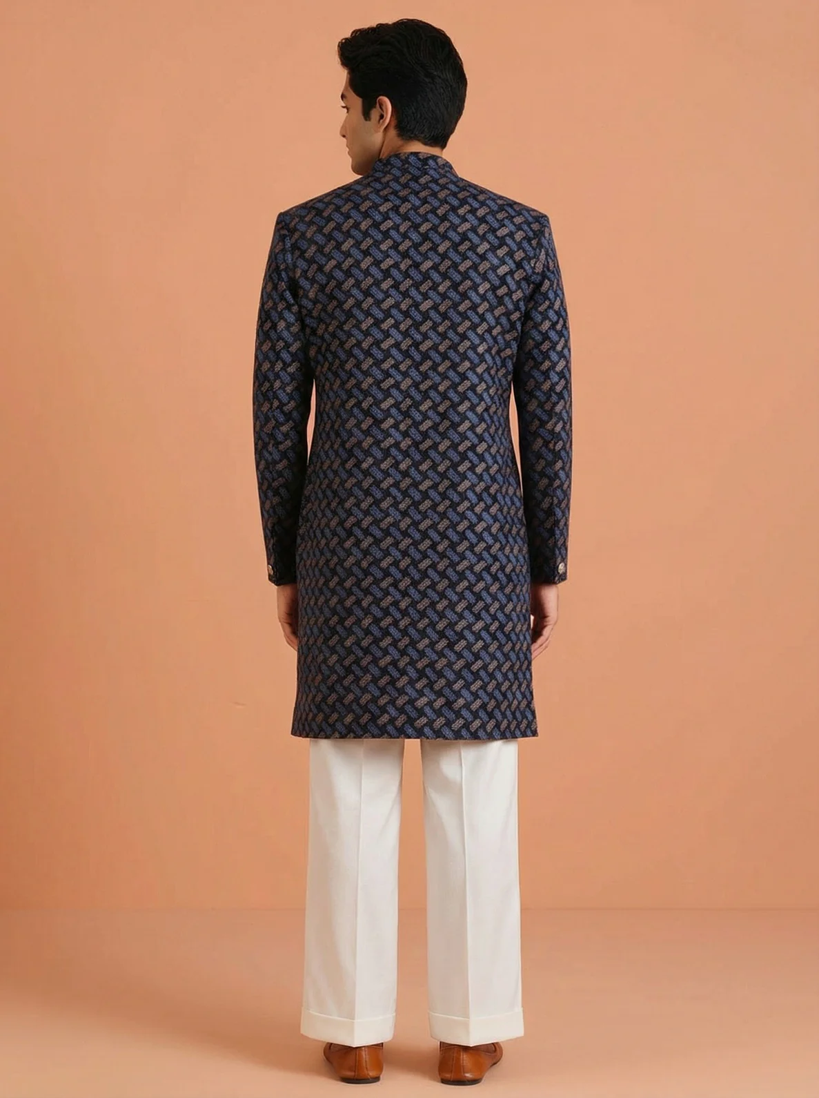 Navy Blue Pure Cotton Printed Sherwani Wide Leg Trouser Set - Image 3