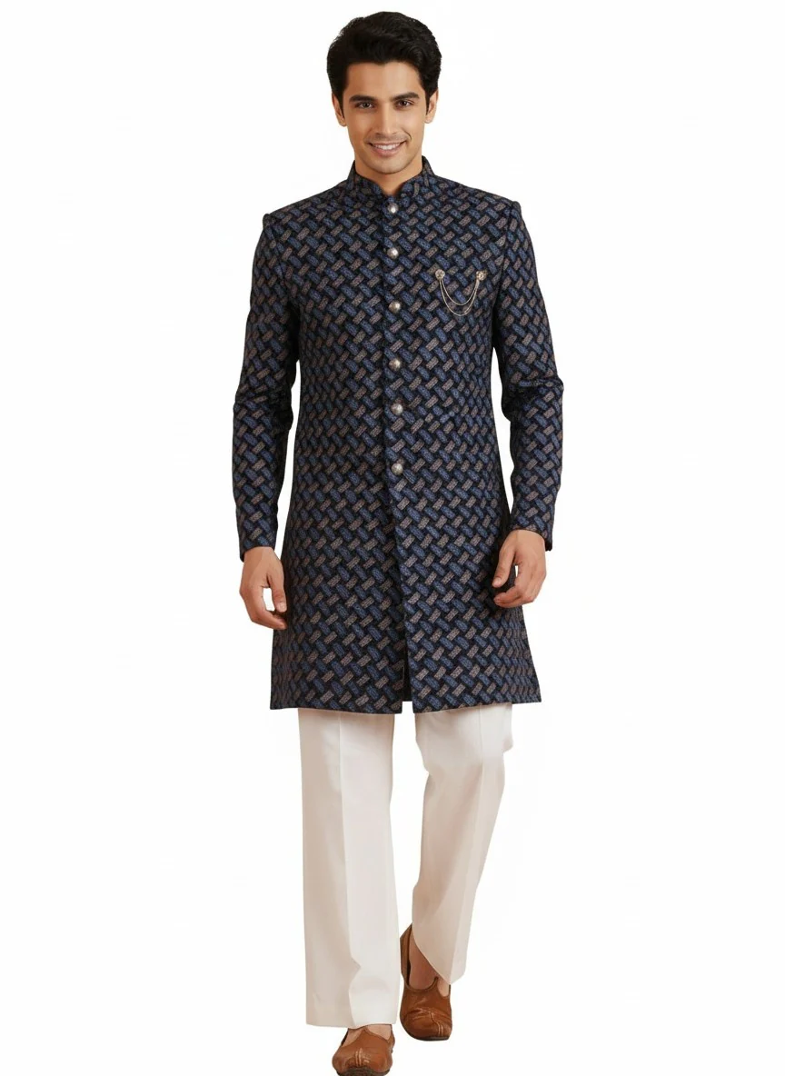 Navy Blue Pure Cotton Printed Sherwani Wide Leg Trouser Set - Image 6