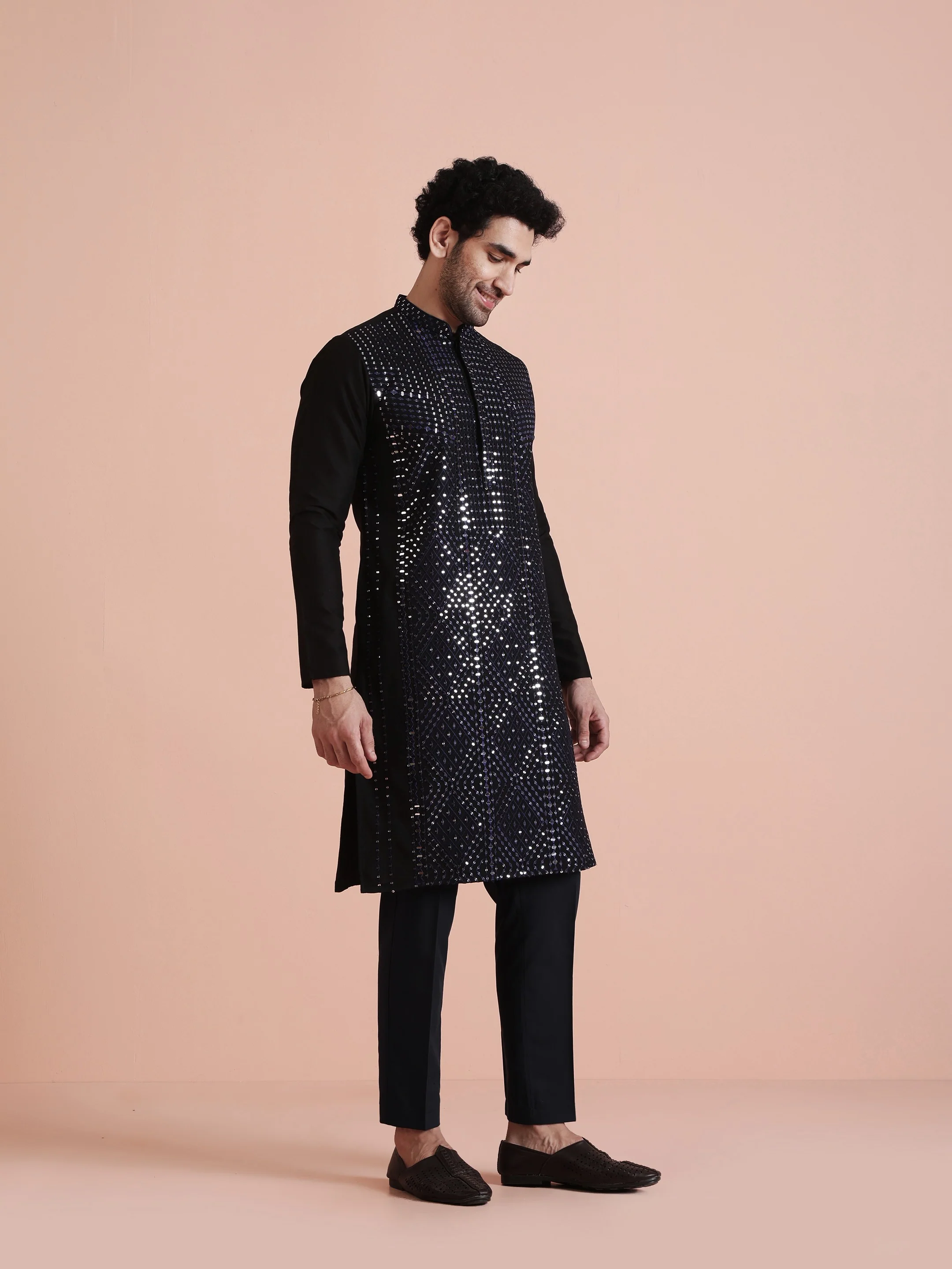 Navy Blue Sequin Embellished Kurta Set - Image 3