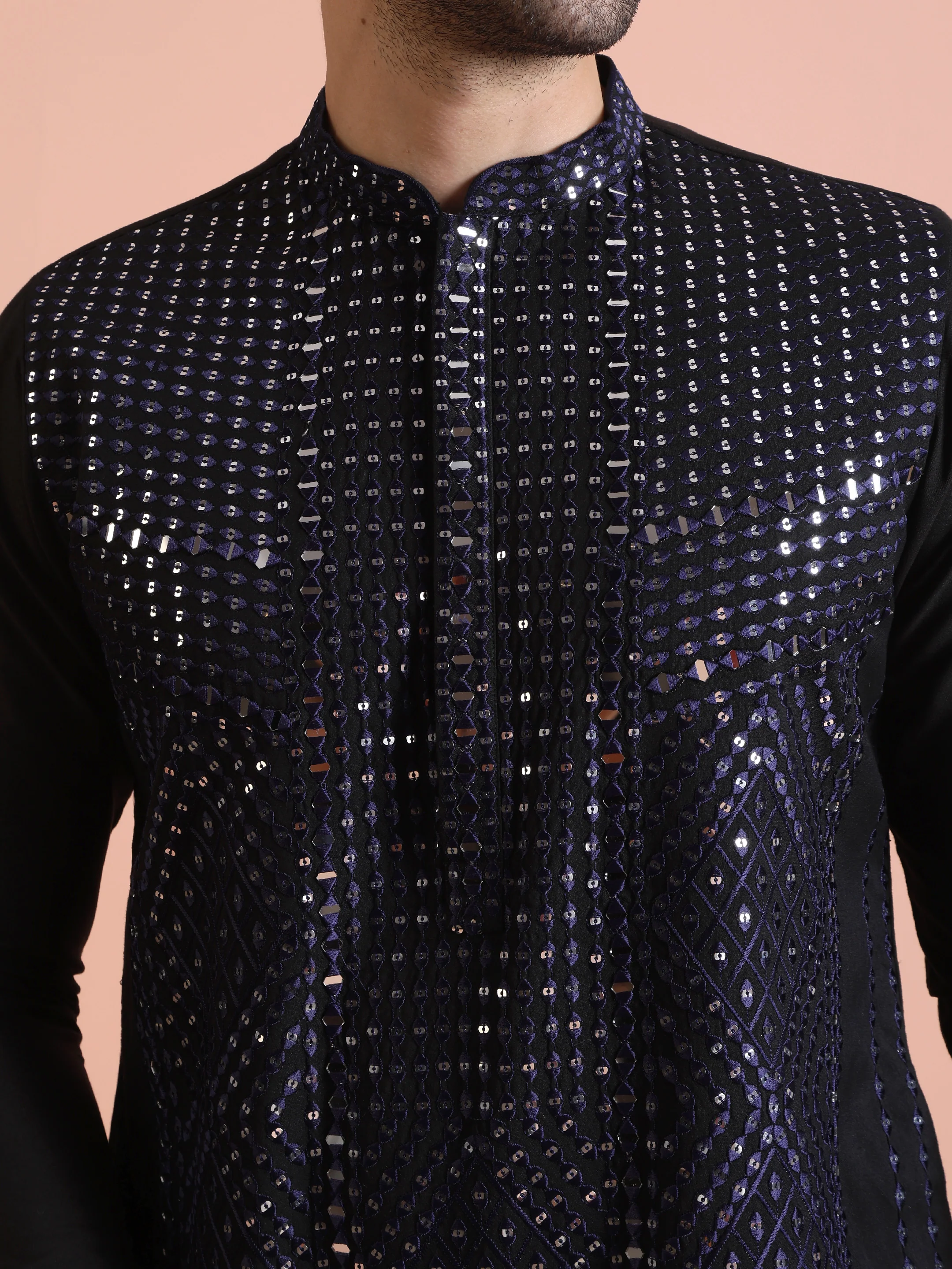 Navy Blue Sequin Embellished Kurta Set - Image 5
