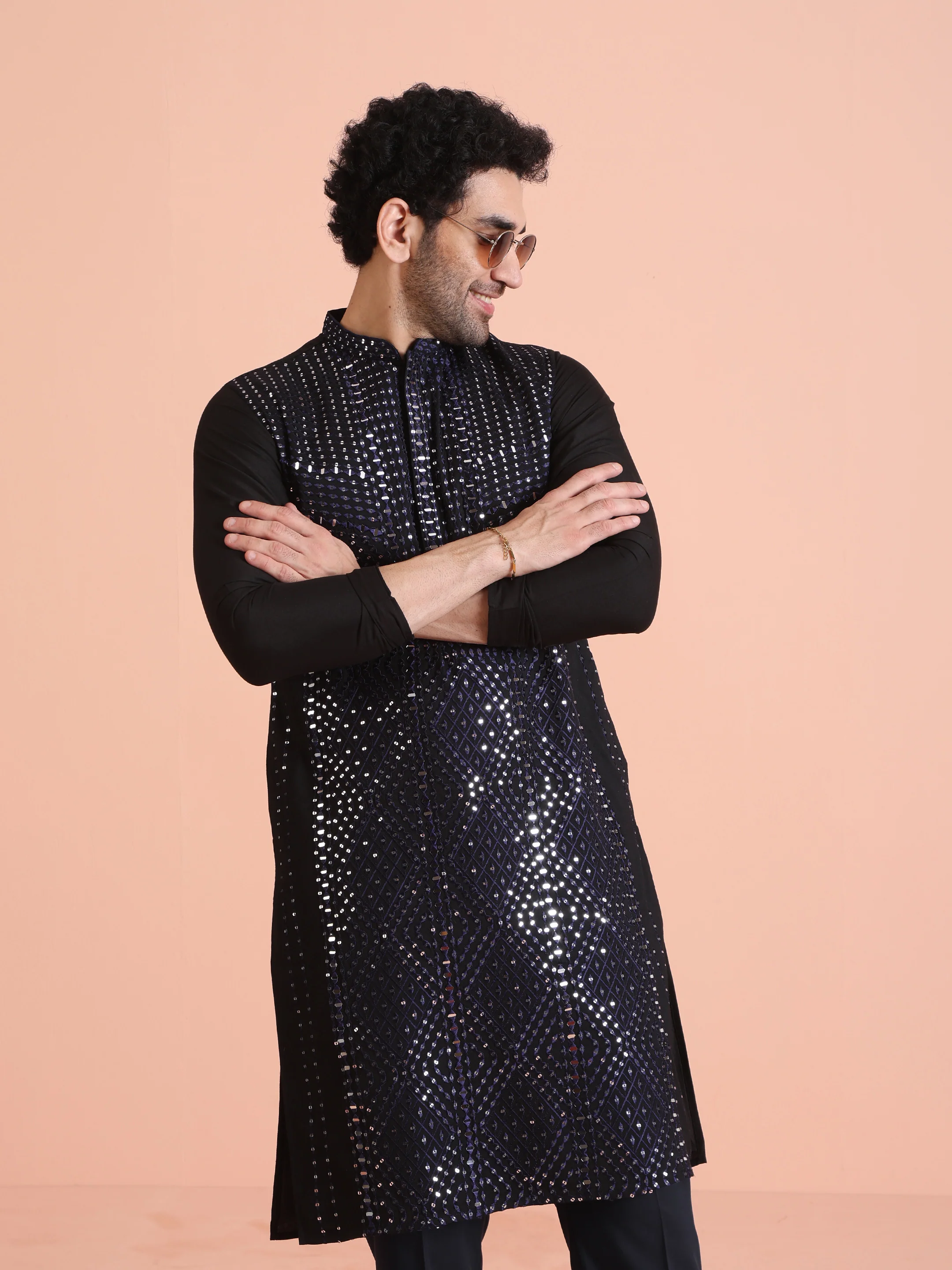 Navy Blue Sequin Embellished Kurta Set - Image 8