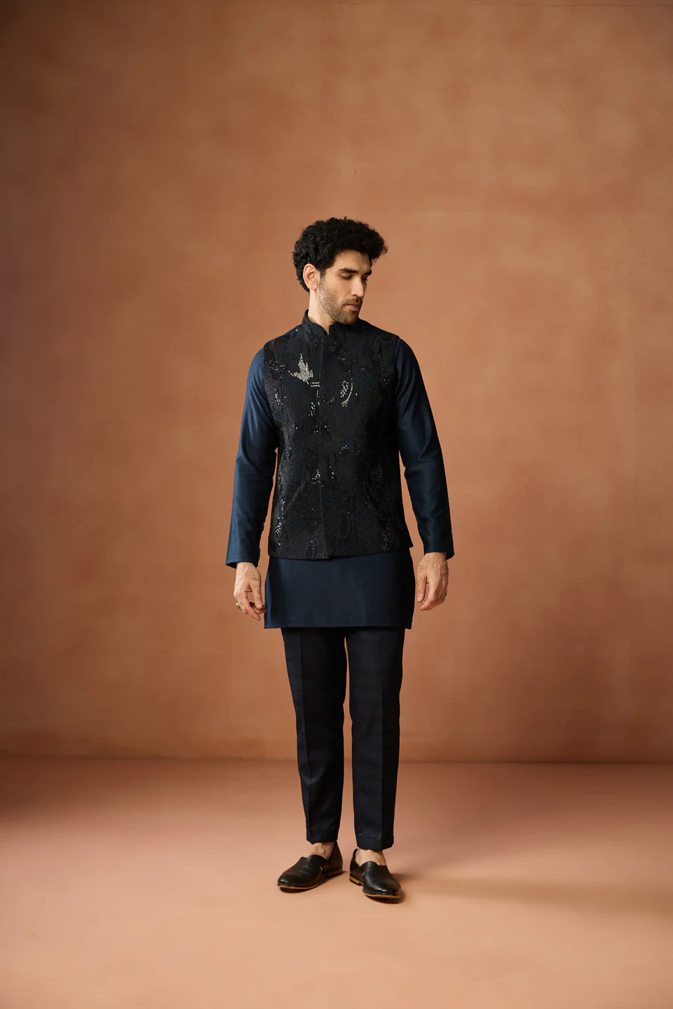 Navy Blue Sequin Embroidered Jacket Kurta Set - Image 3
