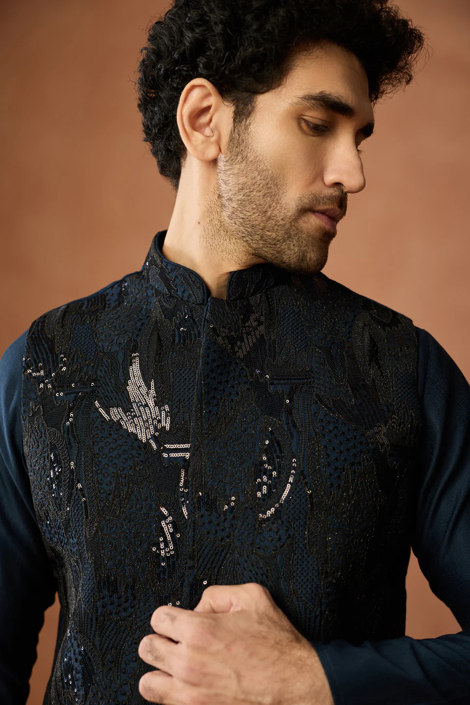 Navy Blue Sequin Embroidered Jacket Kurta Set - Image 5