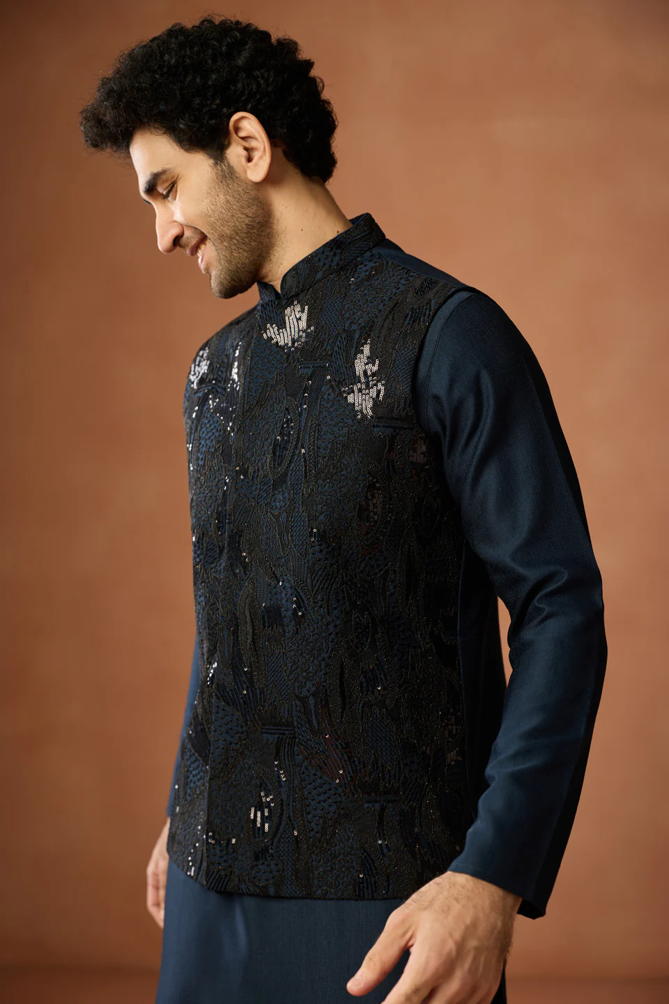 Navy Blue Sequin Embroidered Jacket Kurta Set - Image 7