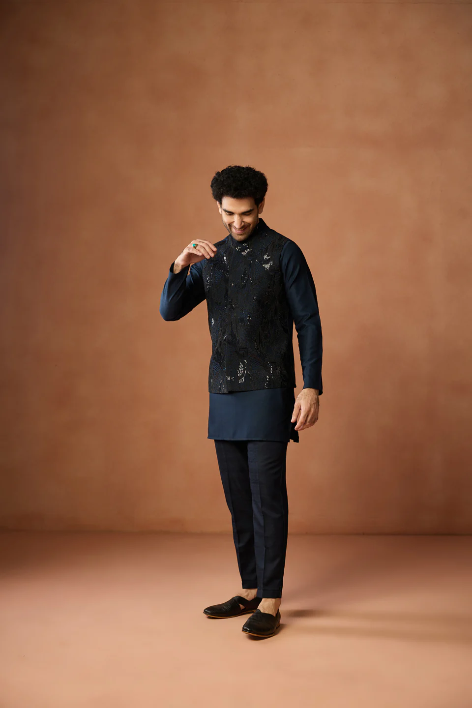 Navy Blue Sequin Embroidered Nehru Jacket - Image 2