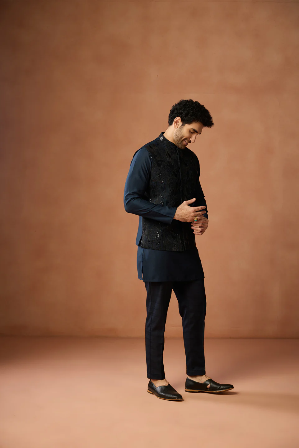 Navy Blue Sequin Embroidered Nehru Jacket - Image 3