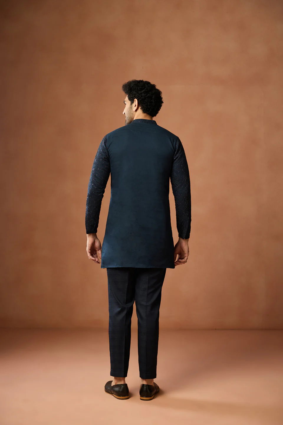 Navy Blue Sequinned Mid Kurta Trouser Set - Image 4