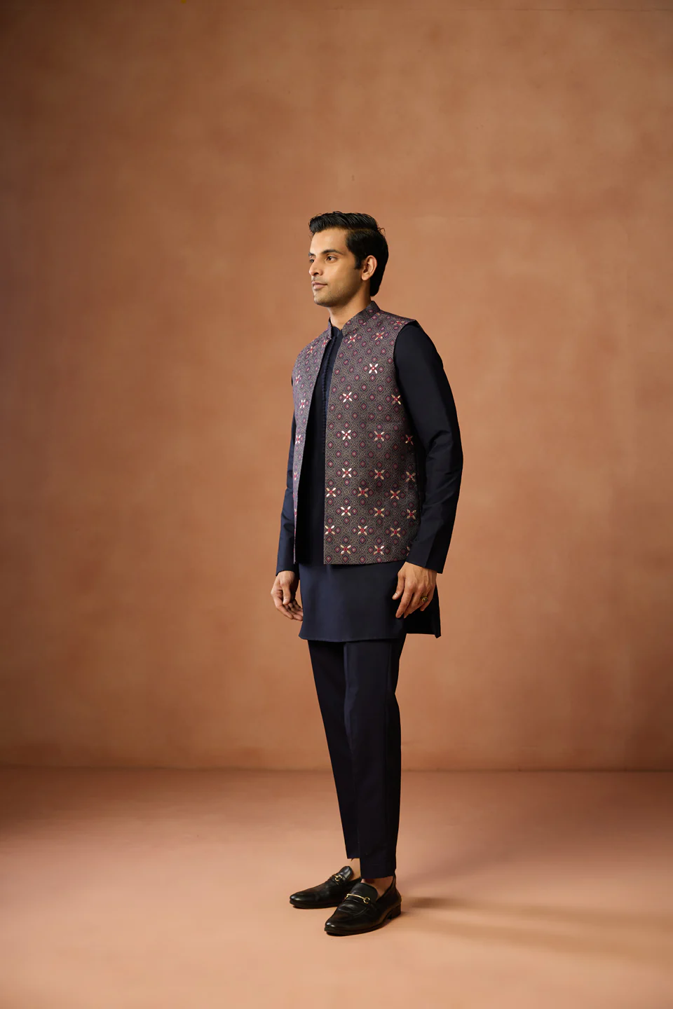 Navy Blue Silk Blend Brocade Jacket Kurta Trouser Set - Image 2