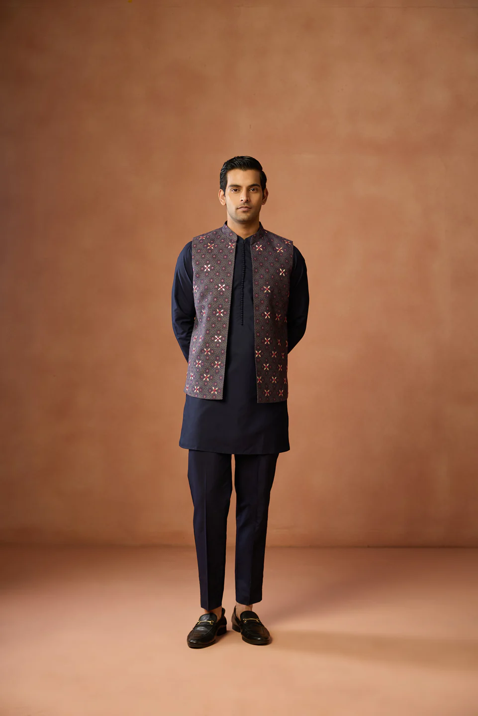 Navy Blue Silk Blend Brocade Jacket Kurta Trouser Set - Image 3