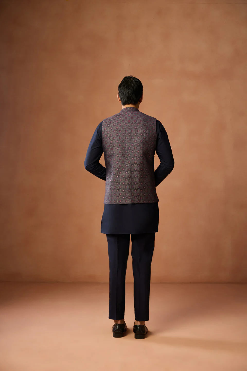 Navy Blue Silk Blend Brocade Jacket Kurta Trouser Set - Image 4