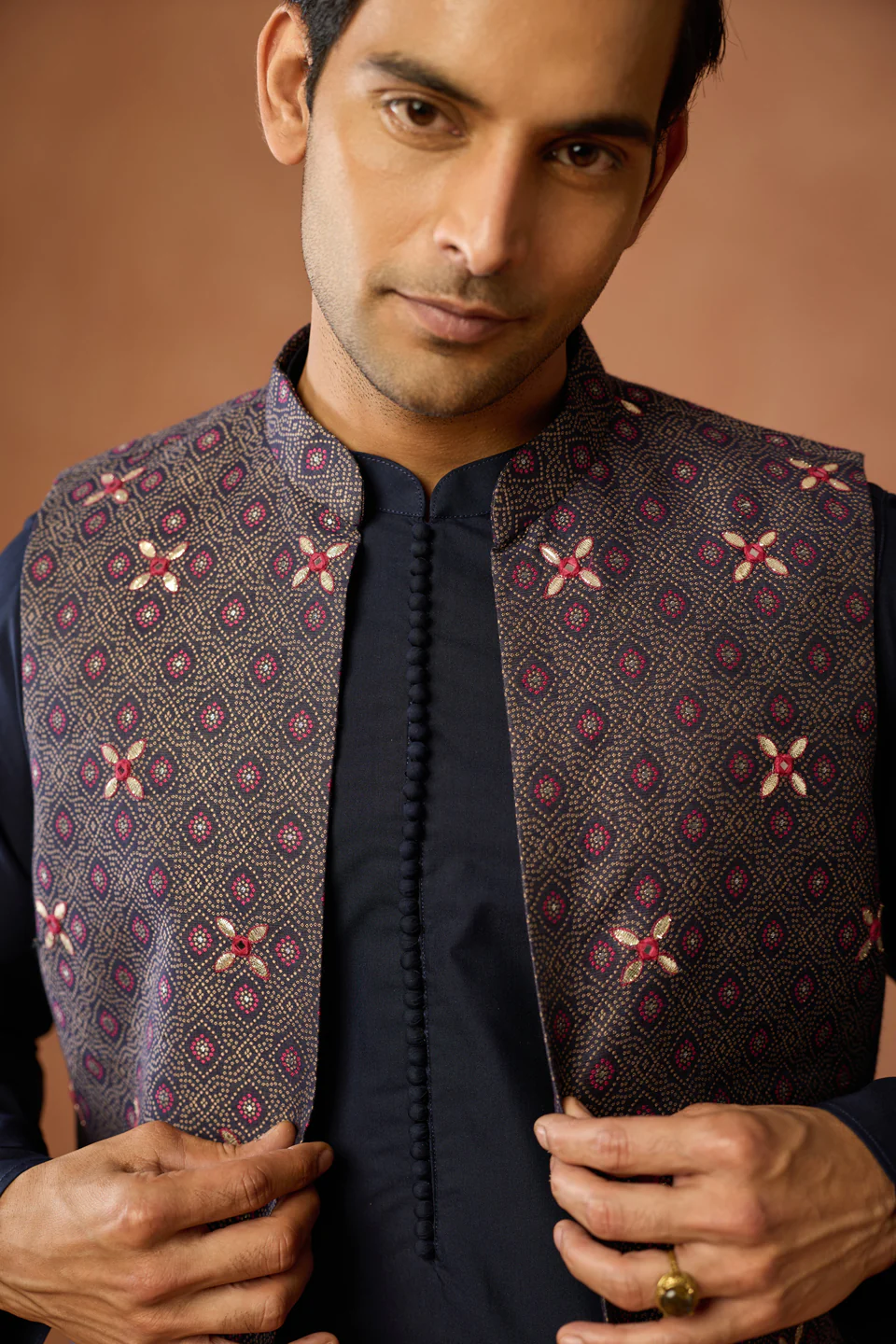 Navy Blue Silk Blend Brocade Jacket Kurta Trouser Set - Image 5