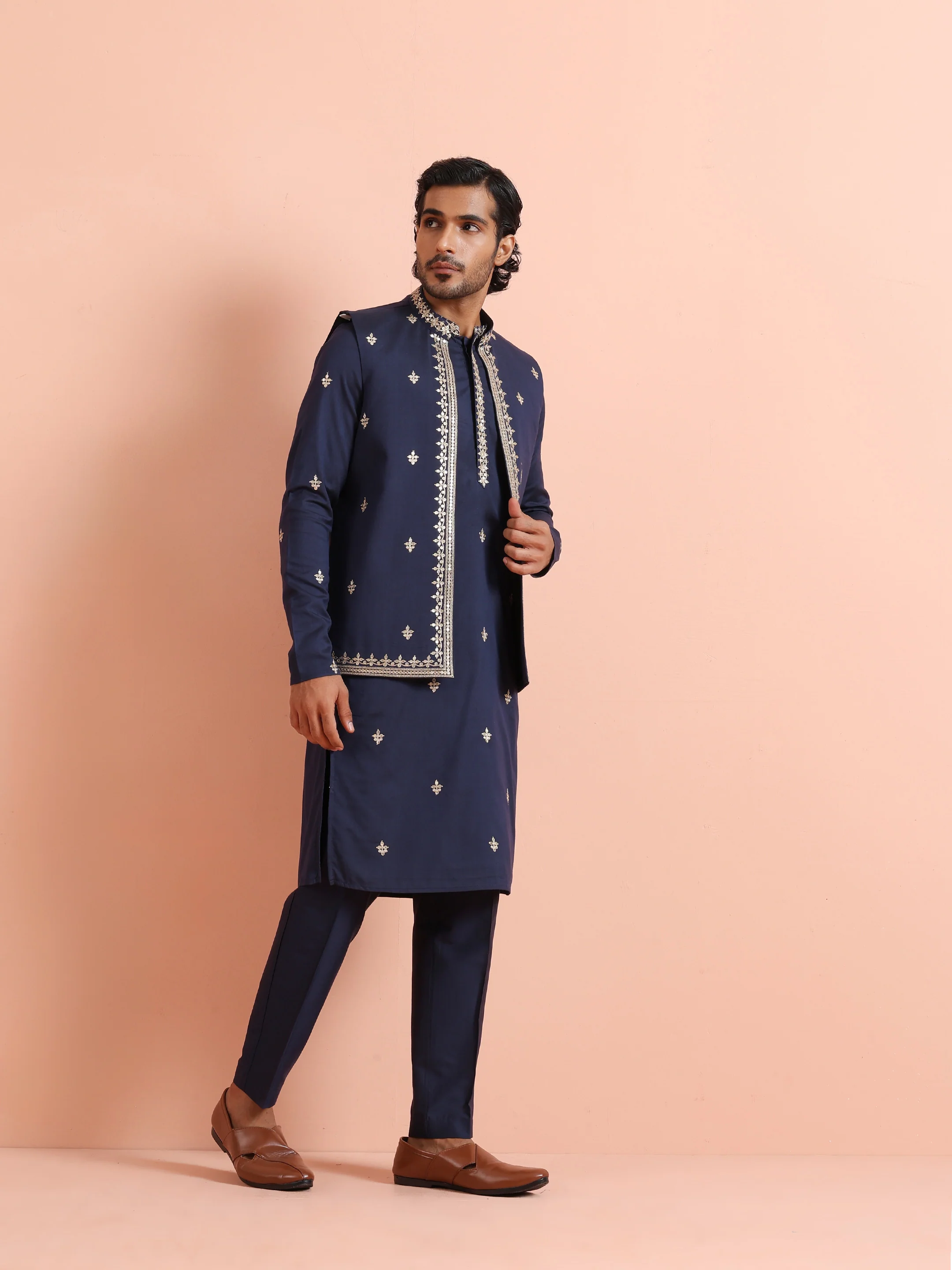 Navy Blue Silk Blend Embroidered Kurta Front Open Jacket Trouser Set - Image 3