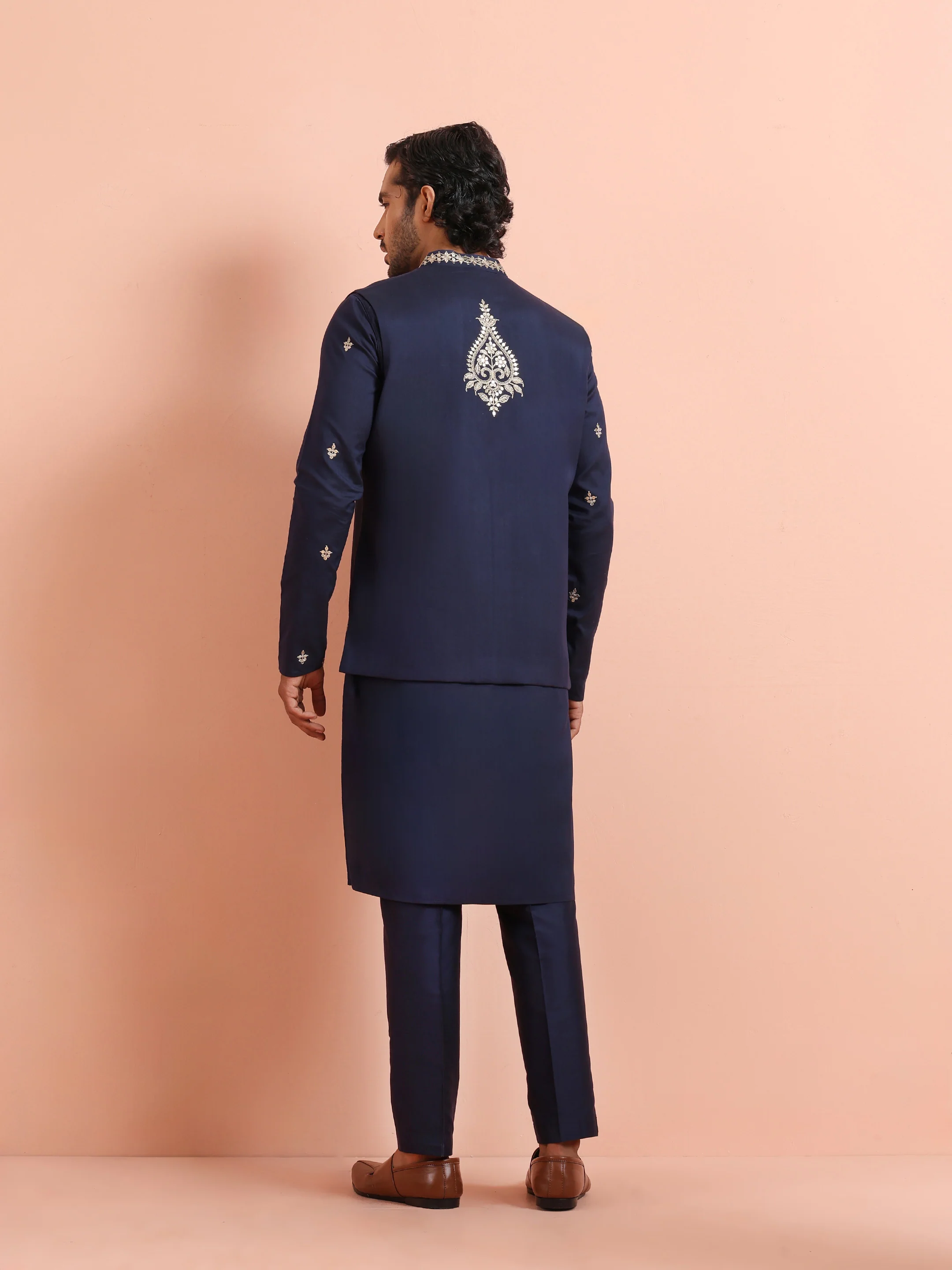 Navy Blue Silk Blend Embroidered Kurta Front Open Jacket Trouser Set - Image 4