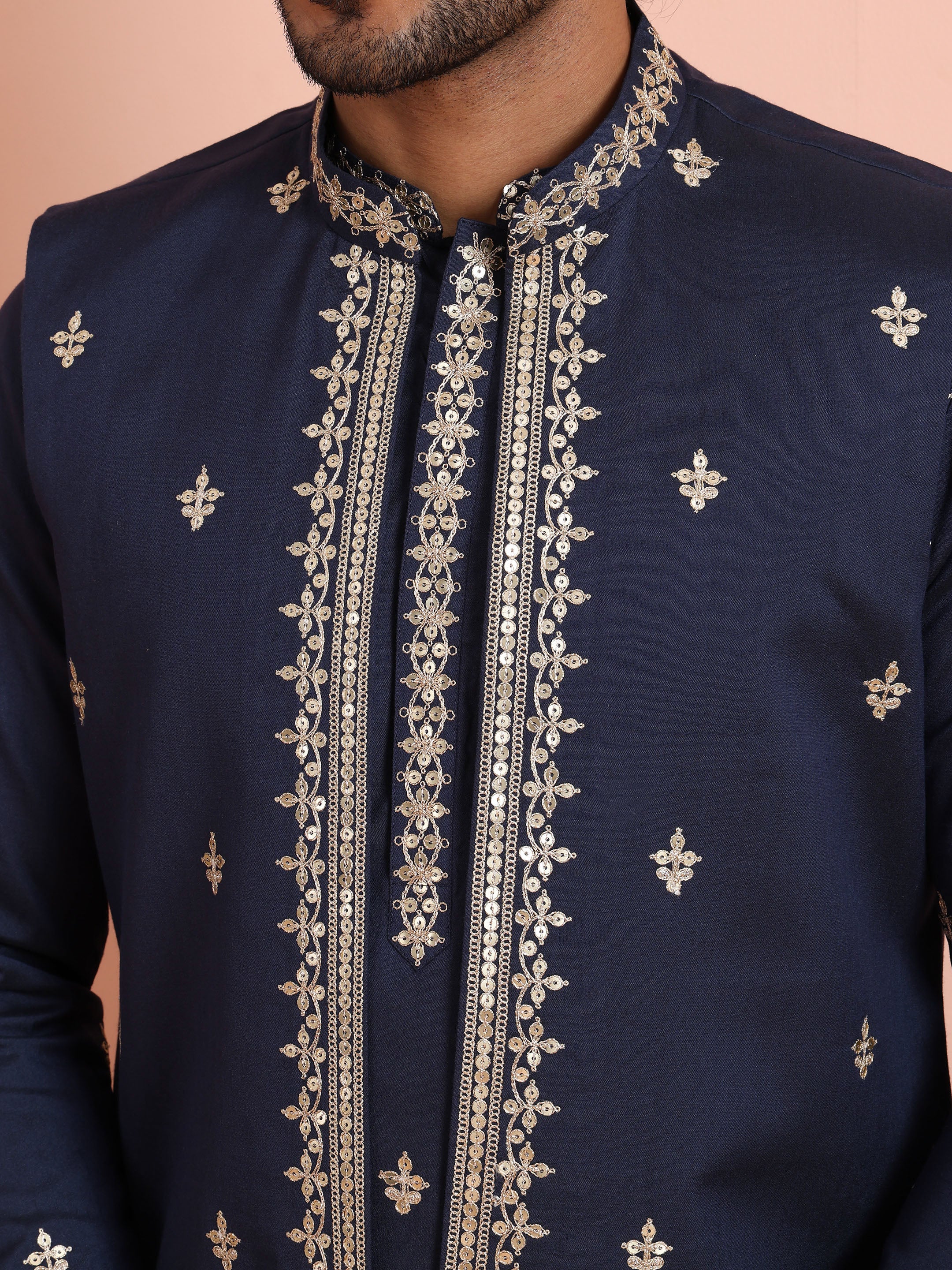 Navy Blue Silk Blend Embroidered Kurta Front Open Jacket Trouser Set - Image 5